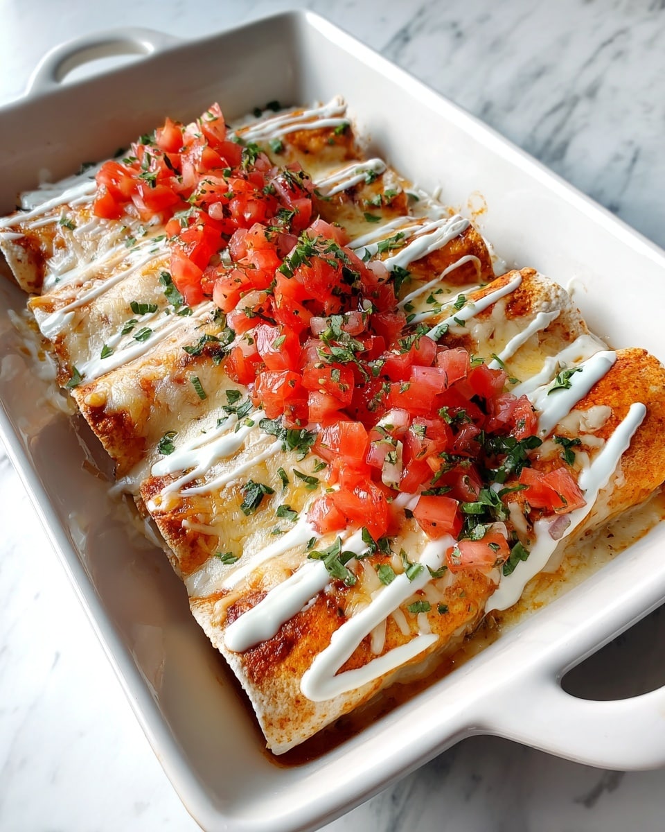 The image shows a rectangular white dish holding a single large rolled enchilada covered in golden melted cheese and white sauce drizzled in lines across the top. The enchilada is topped with small chopped red tomato pieces arranged in a central line and sprinkled with finely chopped green herbs. The edges of the enchilada are slightly browned, and the filling is visible at one end. The dish is placed on a white marbled surface. Photo taken with an iphone --ar 4:5 --v 7