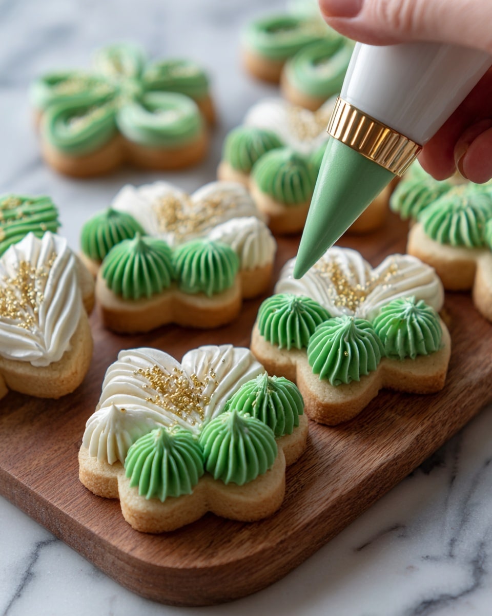 The image shows shamrock-shaped vanilla bean cookies with two layers: the base cookie is a soft golden color, topped with thick swirls of green and pale green frosting arranged in three or four curved leaf shapes on each cookie. Some cookies have gold sprinkles on top, adding sparkle to the smooth frosting texture. The cookies rest on a white marbled surface with one cookie being decorated by a piping bag held by a woman's hand. The close-up also shows a stack of three cookies with frosting layers clearly visible in between. photo taken with an iphone --ar 4:5 --v 7