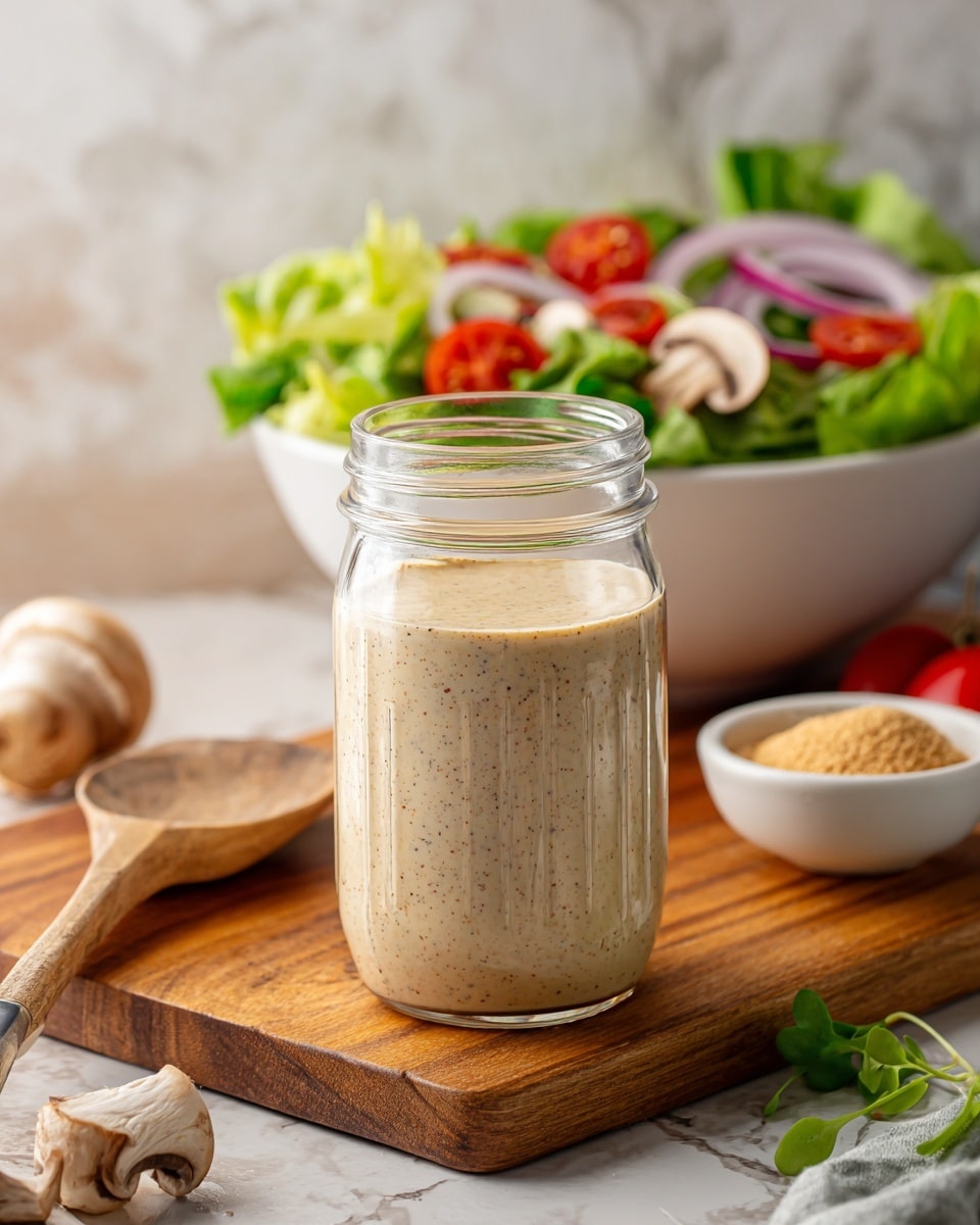 A clear glass jar filled with creamy Italian dressing with small black and red specks, placed in the center on a wooden cutting board. To the right and slightly behind the jar is a white bowl filled with a fresh salad showing green lettuce, red cherry tomatoes, sliced mushrooms, and some corn kernels. In the background to the left, a small gray bowl contains a light-colored powder, and a few cut tomato wedges are visible. A green herb sprig lies on the cutting board near the jar, and the surface beneath is a white marbled texture. The scene has a soft natural light with a cozy, homemade feel. Photo taken with an iphone --ar 4:5 --v 7
