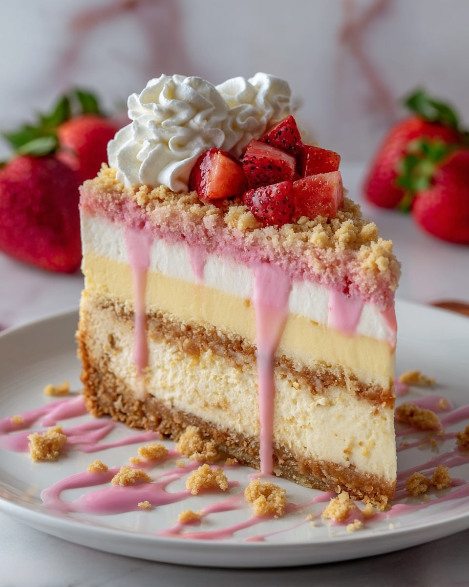 A slice of strawberry cheesecake sits on a white plate placed on a white marbled surface. The cake has four layers: a light brown crumbly base, a thick creamy pale yellow layer, a thinner white creamy layer with a pink swirl in the middle, and a crumbly pink topping. Dripping pink sauce runs down the sides of the cake. Fresh red strawberry slices and a swirl of white whipped cream decorate the top. Crumbs and pink sauce are scattered around the plate. In the background, whole strawberries and another slice of cake are softly blurred. Photo taken with an iphone --ar 4:5 --v 7