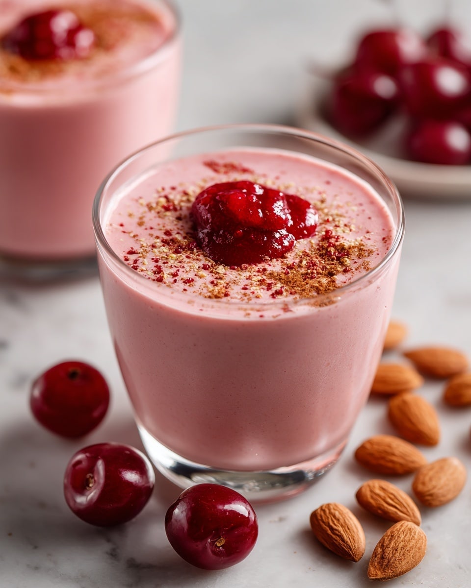 A clear glass is filled with a smooth, light pink smoothie that has tiny dark specks throughout, topped with a small heap of glossy, deep red cherry sauce and a sprinkle of fine brown powder in the center. Around the glass on a white marbled surface lie several whole shiny dark red cherries with green stems, along with light brown whole almonds scattered casually. A second similar glass is partially visible behind the main one, slightly blurred. photo taken with an iphone --ar 4:5 --v 7