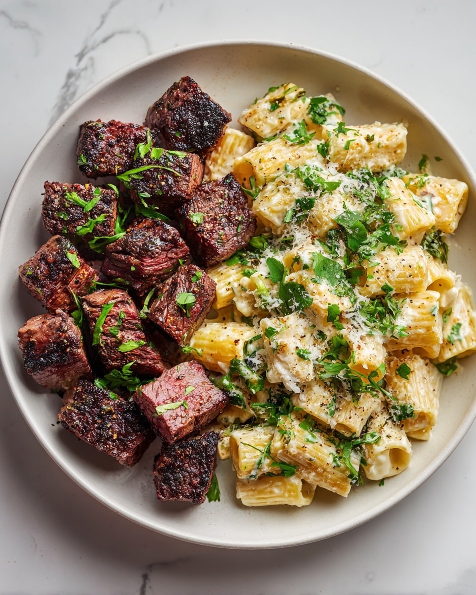 On a white plate, there are two main layers side by side: on the left, thick cubes of grilled steak cooked medium rare with a dark brown, charred crust and a pink center, sprinkled with fresh green parsley; on the right, creamy rigatoni pasta coated in a rich orange-yellow cheese sauce mixed with patches of melted white and blue cheese, also garnished with small bits of green herbs. The textures show tender meat and smooth, cheesy pasta with a glossy finish, all set against a white marbled surface. Photo taken with an iphone --ar 4:5 --v 7