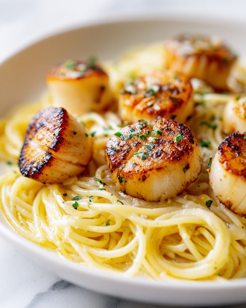The image shows a white plate filled with a bed of creamy fettuccine pasta as the bottom layer, with its smooth, light yellow noodles slightly curled and tangled. On top, there are several golden-brown, grilled scallops scattered evenly, each with a slightly crispy edge and a glossy, juicy surface. The scallops are topped with a sprinkling of finely chopped green herbs that add a fresh touch of color. The background surface is a white marbled texture. Photo taken with an iphone --ar 4:5 --v 7