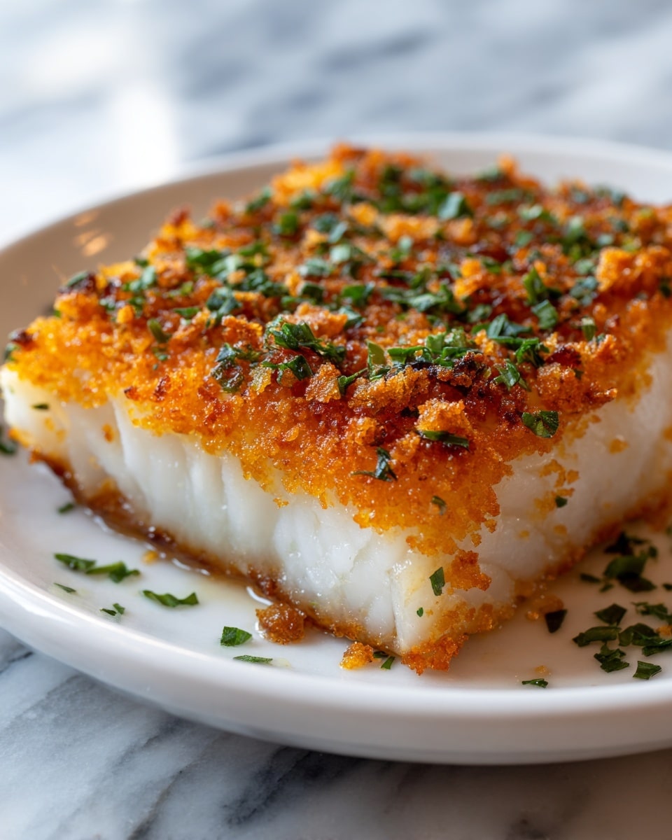 A close-up of a baked dish on a white plate showing one layer of soft, white fish fillet topped with a golden-brown crust of breadcrumbs and finely chopped green herbs. The crust is unevenly toasted with darker brown spots, giving a crunchy texture contrast to the flaky fish underneath. The edges of the fish are slightly browned. The plate sits on a white marbled surface. photo taken with an iphone --ar 4:5 --v 7