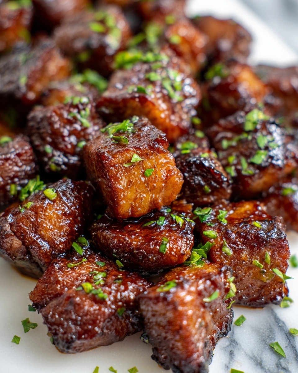 The image shows a close-up view of many small, dark brown grilled beef cubes arranged closely together. Each piece has a slightly shiny, glazed texture with visible grill marks and is sprinkled with small green herbs on top, adding a fresh contrast to the rich meat color. The cubes look juicy and tender with a light crust on the edges. The background is a white marbled texture. Photo taken with an iphone --ar 4:5 --v 7