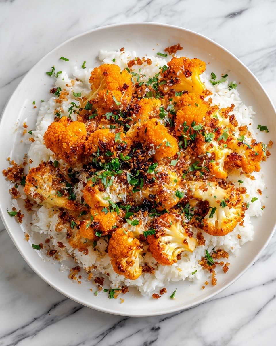 A white plate holds a bed of fluffy white rice topped with roasted cauliflower pieces that have a golden brown, slightly crispy texture. The cauliflower is garnished with finely chopped fresh green herbs and sprinkled with light brown breadcrumbs or spices. The background is a white marbled surface. Photo taken with an iphone --ar 4:5 --v 7