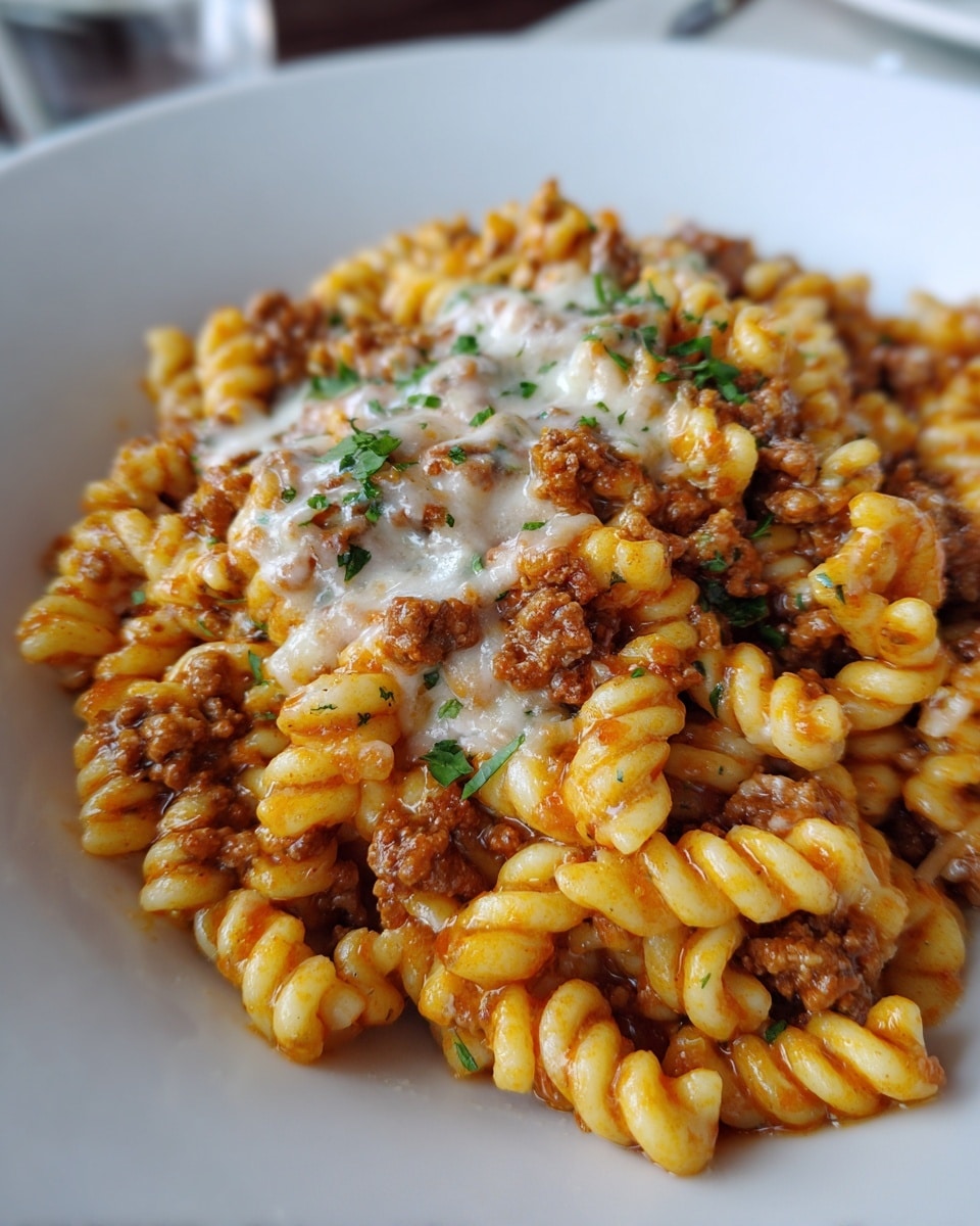 A close-up view of a white plate filled with a rich pasta dish showing three main layers: the bottom layer is golden yellow pasta shells, the middle layer consists of browned ground meat scattered evenly, and the top layer is melted white cheese sprinkled with small green herbs, adding a fresh touch. The textures show soft pasta with a slight shine, crumbly meat bits, and gooey cheese melts all mixed together. The background is a white marbled texture. Photo taken with an iphone --ar 4:5 --v 7