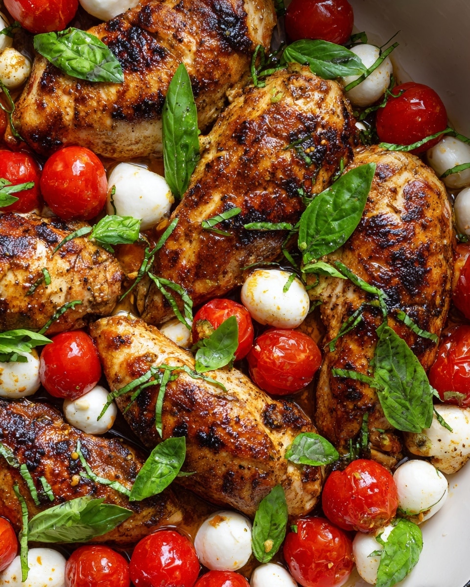 The image shows a white plate filled with six grilled chicken breasts, each covered in a dark, charred crust and topped with finely chopped green herbs. Around the chicken, there are small, bright red cherry tomatoes and white mozzarella balls, arranged closely together, adding pops of vibrant color. The textures include the rough, grilled surface of the chicken, the smooth mozzarella, and the shiny, slightly wrinkled cherry tomatoes. The plate sits on a white marbled surface. Photo taken with an iphone --ar 4:5 --v 7