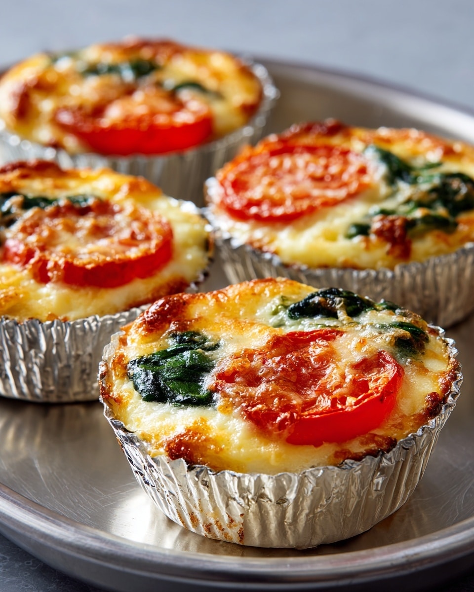 The image shows five small round savory tarts placed in shiny silver foil cups, sitting on a metal tray. Each tart has three visible layers: the bottom layer is a pale golden dough crust, the middle layer is creamy melted cheese with a slightly bubbling texture, and the top layer is composed of bright red tomato slices arranged in a circle, topped with dark green wilted spinach leaves scattered unevenly. The edges of the cheese and crust are slightly browned, adding a crispy texture. The metal tray has a shiny surface which reflects light softly with a hint of textured marks. photo taken with an iphone --ar 4:5 --v 7