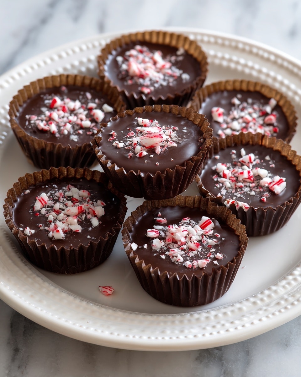 Six round chocolate-covered treats sit closely together on a white plate with a dotted edge. Each treat has a smooth, shiny dark brown chocolate coating that forms a dome shape, resting inside a dark brown crinkled paper cup. On top of each dome, there are small, uneven pieces of red and white crushed candy cane, adding a textured, colorful contrast. The plate is placed on a white marbled surface that is softly blurred in the background. photo taken with an iphone --ar 4:5 --v 7