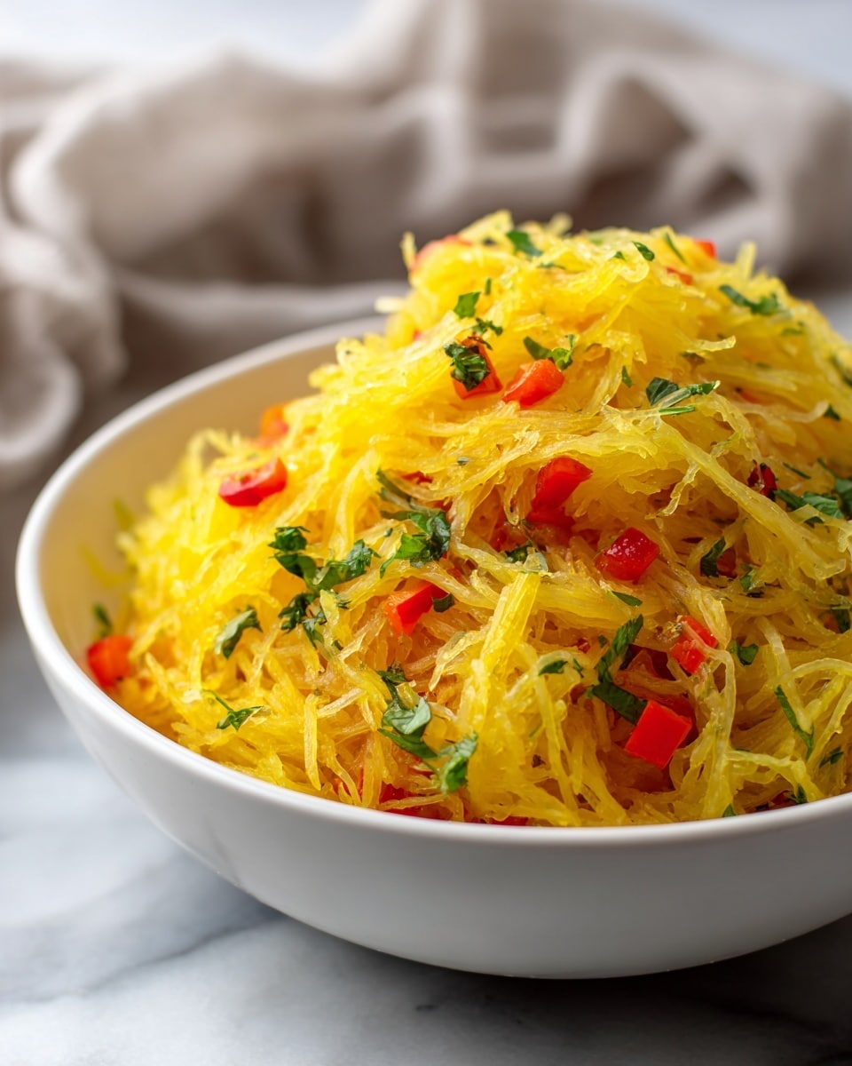 A large mound of bright yellow cooked spaghetti squash sits in a deep white bowl, with thin, stringy layers that look soft and springy. Mixed throughout the squash strands are small pieces of red bell pepper, adding splashes of vibrant red color. Scattered green herbs rest on top and within the squash, giving a fresh feel. The bowl is placed on a white marbled surface with a blurred beige cloth in the background. The lighting is soft and natural, highlighting the texture and colors of the dish. Photo taken with an iphone --ar 4:5 --v 7
