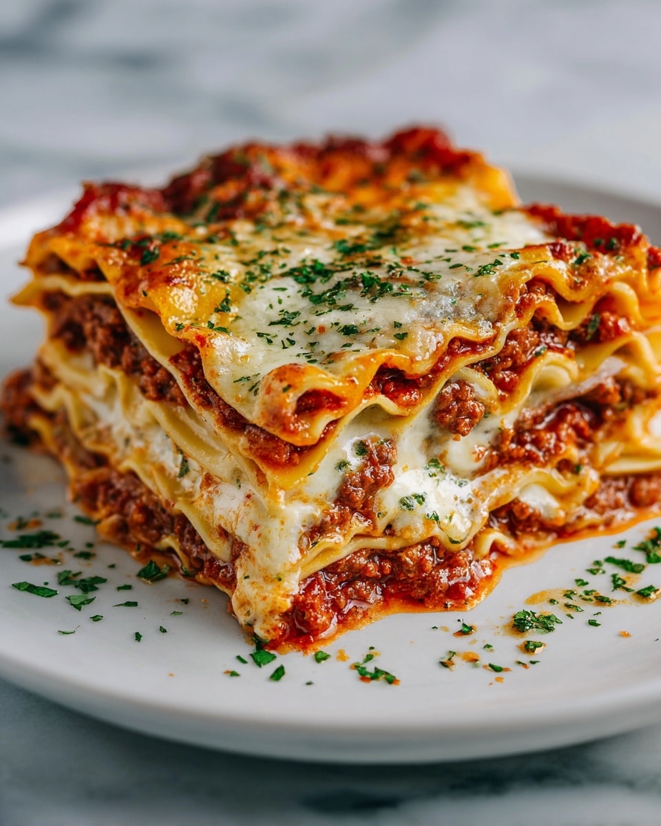 A thick slice of lasagna with four visible layers of wavy, golden pasta sheets alternates with three rich layers of dark red meat sauce mixed with ground beef, topped by a thick layer of melted, golden-brown cheese with small browned spots and sprinkled with chopped green herbs. The lasagna rests on a clean white plate, garnished with a small green parsley sprig beside it, all set on a white marbled surface. photo taken with an iphone --ar 4:5 --v 7