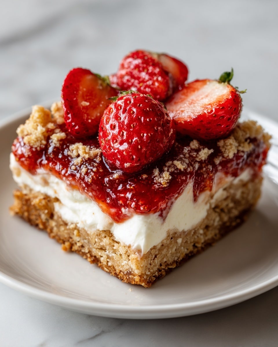 A square slice of crumbly, light brown oat bar forms the bottom layer, topped by a thick, deep red layer of berry jam with visible seeds and a glossy, somewhat chunky texture. Above the jam is a smooth, creamy white layer of whipped cream or yogurt, slightly spread but still thick. The top layer consists of several pieces of fresh strawberries, bright red with some green seeds visible, adding color and freshness. The dessert sits on a simple white plate with a slightly raised rim, all placed on a white marbled surface. photo taken with an iphone --ar 4:5 --v 7