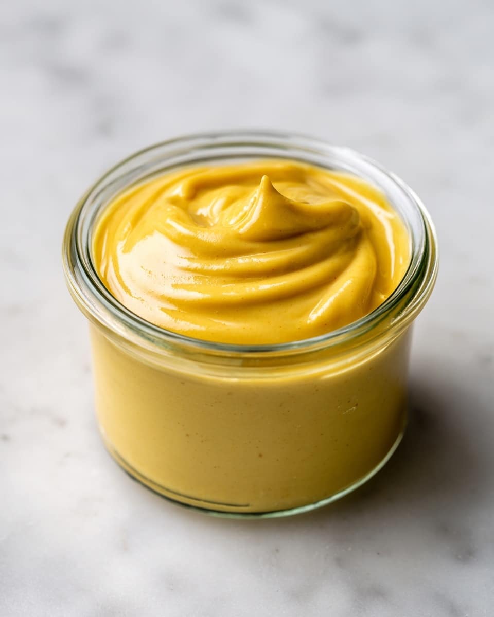 A small clear glass jar filled with smooth, bright yellow creamy sauce that has a shiny, swirled texture on its surface. The jar is placed on a white marbled textured surface, showing the sauce's rich and thick consistency clearly. Photo taken with an iphone --ar 4:5 --v 7