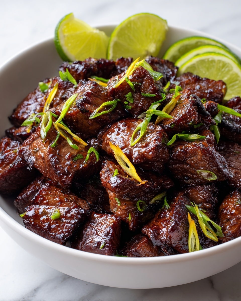 The image shows a white shallow bowl filled with about two layers of dark brown braised beef chunks with a shiny, slightly sticky texture. The top layer has evenly cut beef pieces, some garnished with small bright green onion slices and thin orange strips, likely ginger. At the back right side of the bowl, there are two lime wedges resting on the rim. The dark brown sauce covers the bottom layer and slightly soaks the beef pieces, creating a rich, glossy look. The bowl is placed on a white marbled surface. Photo taken with an iphone --ar 4:5 --v 7