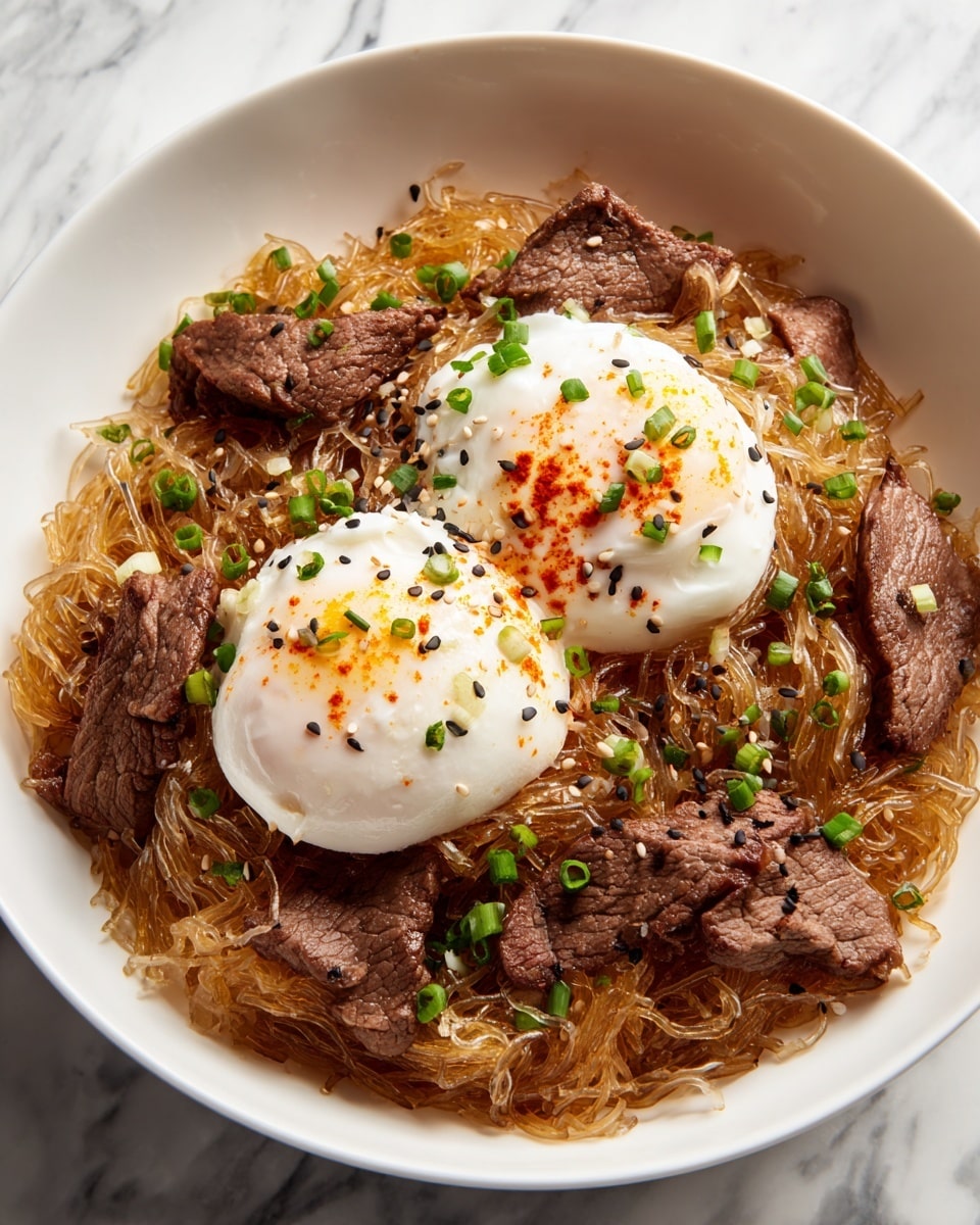 A white bowl filled with a base layer of golden-brown cooked rice mixed with light yellow, soft bamboo shoots arranged around the edges. On top of the rice are medium-brown cooked beef slices scattered mainly on one side. Over the beef and rice, there are two soft-cooked eggs with white, glossy, smooth whites and slightly visible yellow yolks under the surface. The eggs are sprinkled with orange-red chili powder, black sesame seeds, and small, bright green chopped chives, adding color contrast. The bowl is placed on a white marbled surface. photo taken with an iphone --ar 4:5 --v 7