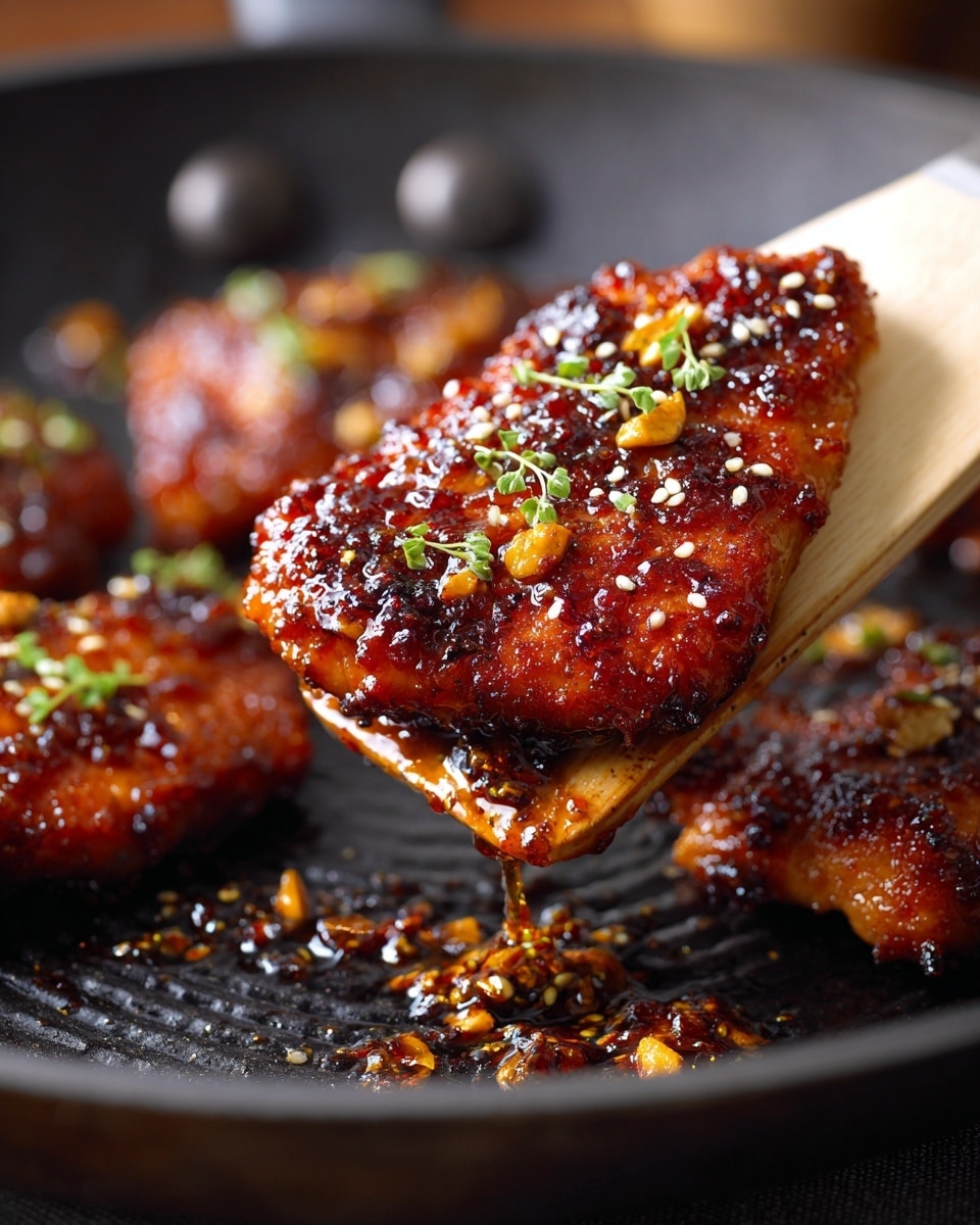 A close-up of a piece of cooked chicken coated in a thick, shiny, dark brown glaze with visible small white sesame seeds and green herb leaves on top. The chicken is held by a beige spatula with a drop of glossy sauce hanging from it. In the background, more pieces of chicken with the same glaze are cooking on a black pan with a texture that reflects light. The scene has a soft focus except the front piece of chicken, making it look rich and juicy. Photo taken with an iphone --ar 4:5 --v 7