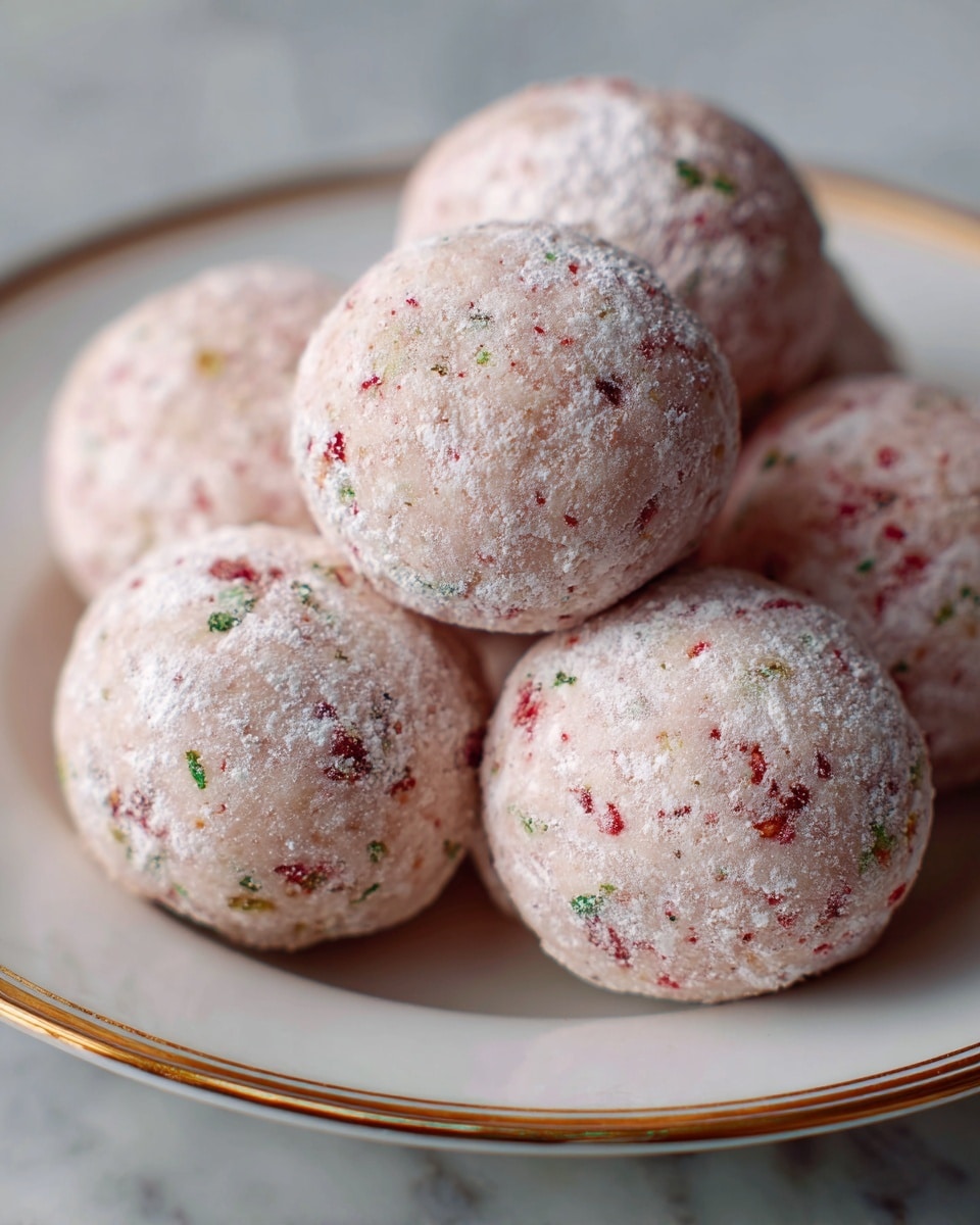 The image shows a close-up of seven round truffle-like treats on a white plate with gold stripes along the edge, placed on a white marbled texture. Each round treat is covered in a light pink powdery layer with some uneven texture, exposing tiny darker bits beneath the coating. The surface of the treats looks slightly rough and uneven, adding to their handmade feel. The plate fills most of the frame, focusing on the texture and soft pink hues of the treats, with a shallow depth of field that blurs the background. photo taken with an iphone --ar 4:5 --v 7