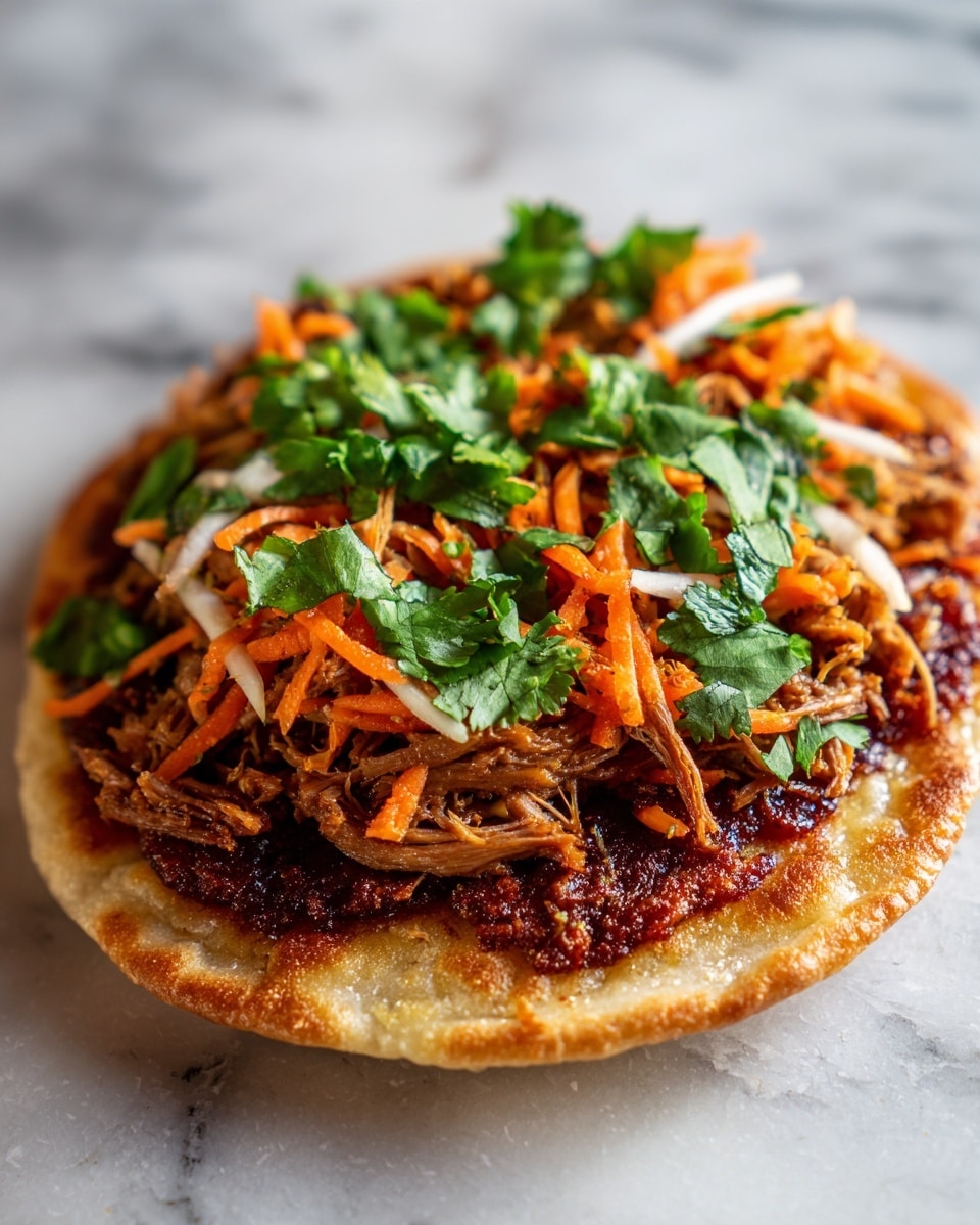 The image shows two small pizza slices on a wooden board placed on a white marbled surface. Each pizza has a golden-brown crust with visible black pepper and seeds sprinkled on top. The bottom layer is melted cheese, followed by a layer of shredded meat with a deep red-brown color. The top layer includes fresh green cilantro leaves and thin slices of white onion mixed with green herbs. The texture looks fresh and slightly moist, with the meat appearing tender and juicy. Photo taken with an iphone --ar 4:5 --v 7