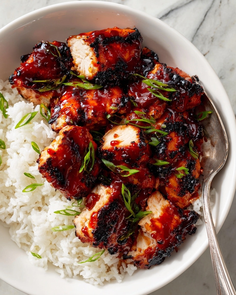 A white bowl filled with a base layer of fluffy white rice, evenly spread to cover the bottom and edges. On top, there are several pieces of grilled chicken with a shiny, reddish-brown glaze and small black sesame seeds scattered over the surface. Bright green chopped scallions are sprinkled on and around the chicken, adding a fresh color contrast. A silver spoon rests inside the bowl at the back. The bowl is placed on a white marbled textured surface. photo taken with an iphone --ar 4:5 --v 7