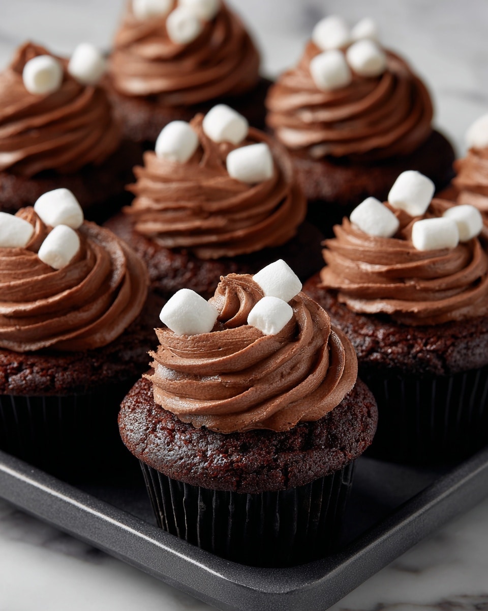 A close-up of a dark chocolate cupcake with three layers of smooth and swirled light brown chocolate frosting on top. The frosting has a soft, creamy texture and is topped with two small white marshmallows. The cupcake liner is black and the cupcake is placed on a white plate against a white marbled surface. photo taken with an iphone --ar 4:5 --v 7