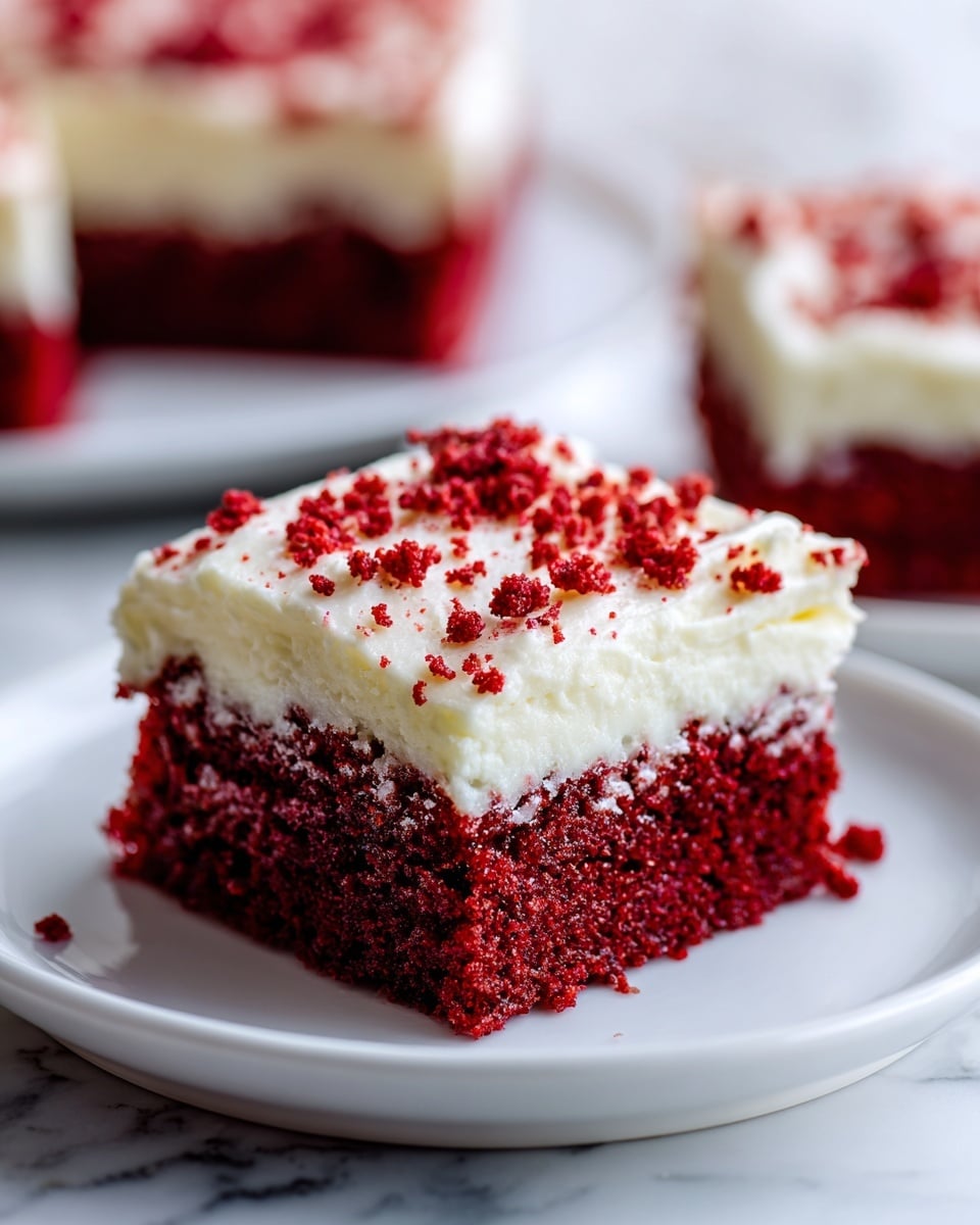A close-up view of a small square piece of red velvet cake sits centered on a white plate against a white marbled background. The cake has two layers: the bottom layer is a rich, deep red with a moist, soft texture showing tiny air bubbles inside, and the top layer is thick, creamy white frosting with a smooth and slightly whipped texture. Red cake crumbs are sprinkled on top of the frosting, adding a textured contrast. The edges of the cake are straight and clean, and a second similar piece is blurred softly in the background. Photo taken with an iphone --ar 4:5 --v 7