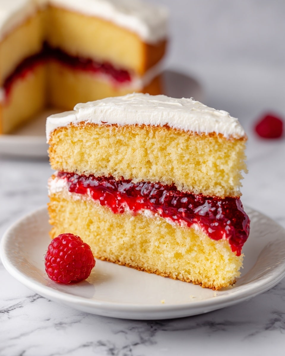 A close-up image of a two-layer yellow sponge cake with a thick red berry jam spread evenly between the layers. The bottom cake layer is light and fluffy, topped with a generous layer of vibrant red jam mixed with visible small berry pieces. Above that is a thin spread of pale cream, then the second light yellow sponge cake layer. The entire cake slice is topped with a dollop of smooth white whipped cream, with a slightly swirled texture. There is a single fresh raspberry beside the cake slice on the white plate, all set against a white marbled surface. Photo taken with an iphone --ar 4:5 --v 7