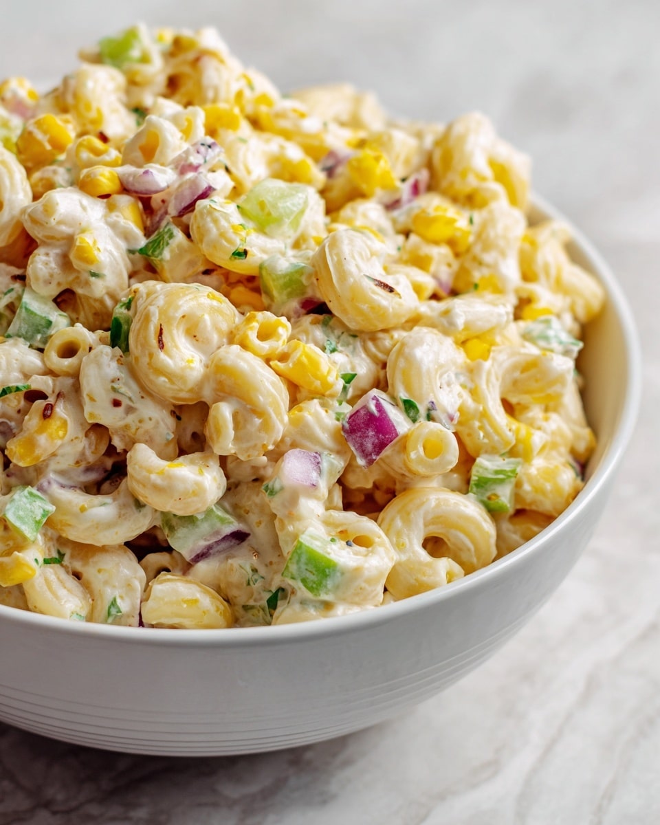 A white bowl filled with a creamy pasta salad made of short, curly pasta mixed with small pieces of red onion, green celery, bits of corn, and shredded tuna. The pasta is coated evenly with a light, creamy dressing, giving it a soft, slightly shiny texture. The ingredients are mixed so you can see the different colors and textures close together, sitting on a white marbled surface. Photo taken with an iphone --ar 4:5 --v 7