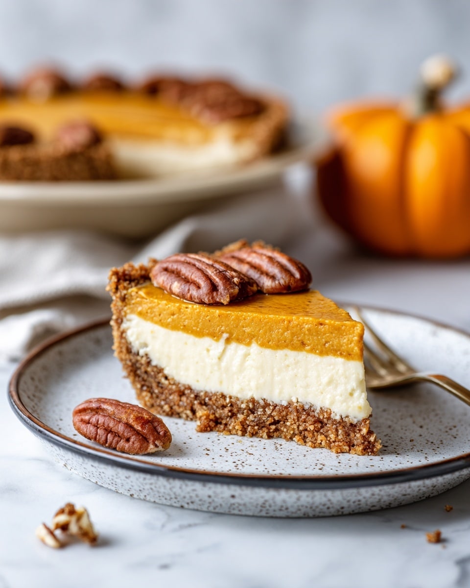 The image shows a slice of pie on a white speckled plate with a dark rim, placed on a white marbled surface. The pie has three layers: a thick, crumbly brown crust at the bottom and around the sides, a thick creamy white filling in the middle, and a smooth, bright orange layer on top. The orange top has a few small specks and is decorated with several halved pecans. There is a fork with a pecan nut on the plate near the pie slice. In the background, the remaining pie is on a wooden board, with one slice missing. Photo taken with an iphone --ar 4:5 --v 7