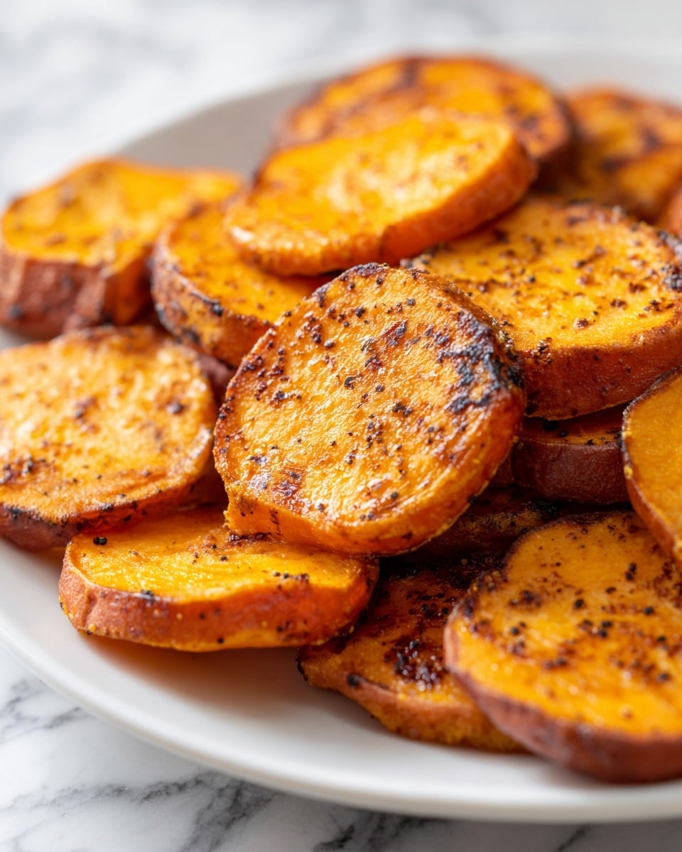 The image shows a close-up of several thick, round slices of roasted sweet potatoes arranged on a white plate. Each slice has a deep orange color with a caramelized, slightly charred surface that glistens with oil and seasonings, giving them a rich, textured look. The edges are darker and crisp, while the inside looks soft and tender. The background is a white marbled surface. photo taken with an iphone --ar 4:5 --v 7