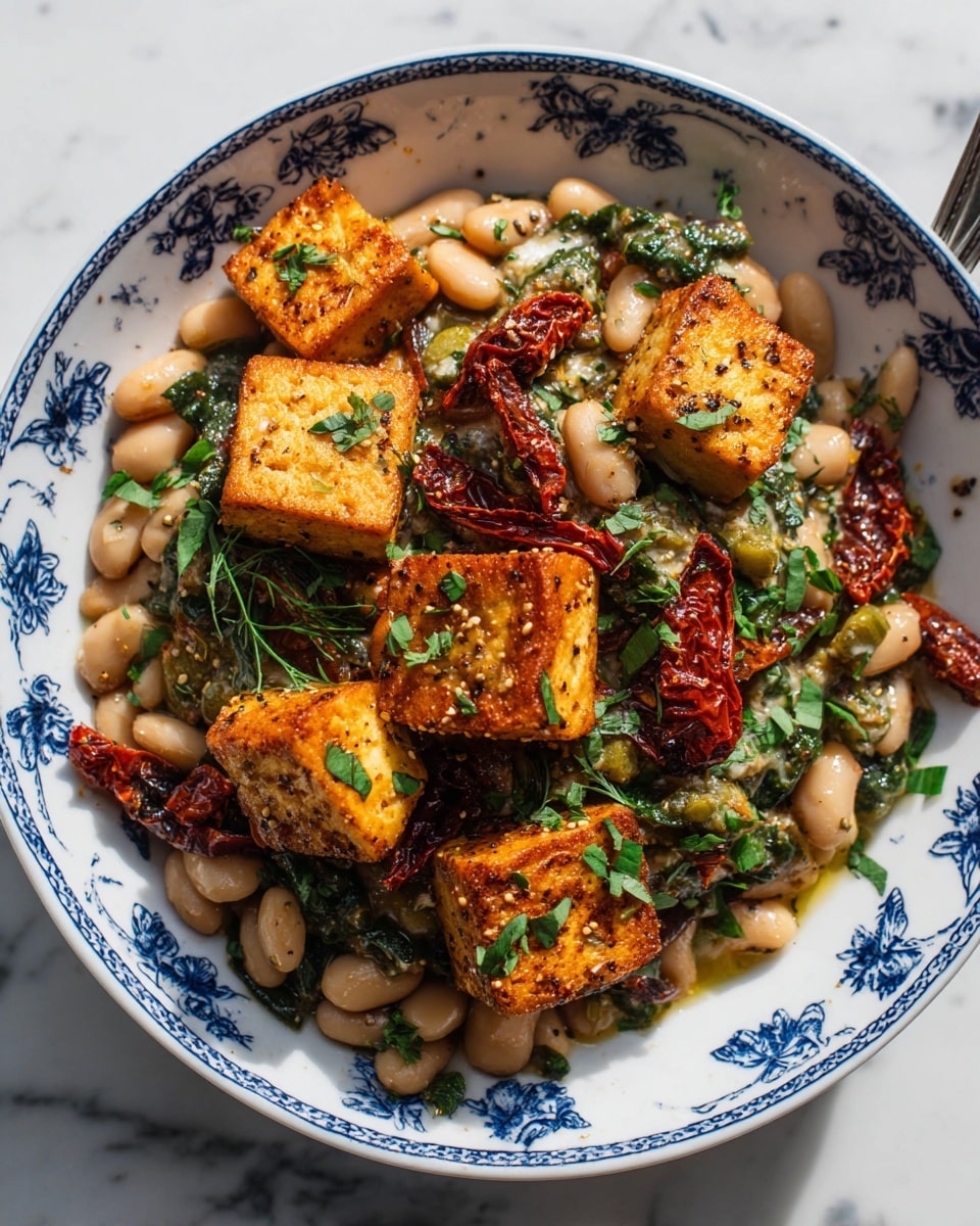 A dish served in a white bowl with blue floral patterns placed on a white marbled surface, containing three main layers: at the bottom, creamy pale yellow hummus spread evenly; the middle layer has small white beans scattered all over; on top, golden brown cubes of seasoned tofu mixed with deep red sun-dried tomatoes and fresh, bright green chopped basil leaves spread evenly, giving a colorful and textured look. photo taken with an iphone --ar 4:5 --v 7