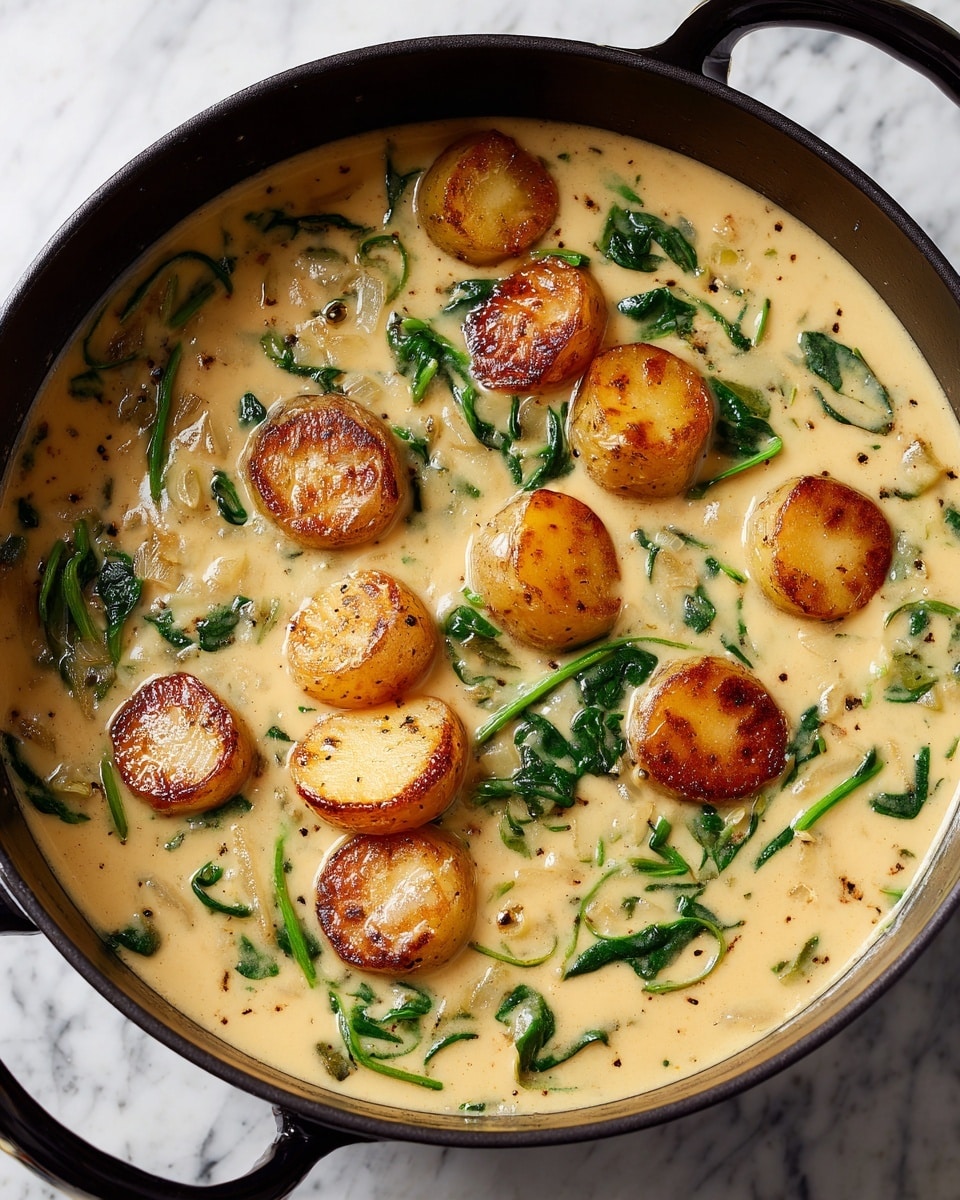 A black pot filled with creamy soup that has a light beige color and a smooth texture with some visible spices. Inside the soup, fresh green spinach leaves are spread out, giving a contrast to the creamy base. On top, there are several golden-brown croutons scattered, adding texture and color. The pot has two metal handles and sits on a white marbled surface. Photo taken with an iphone --ar 4:5 --v 7