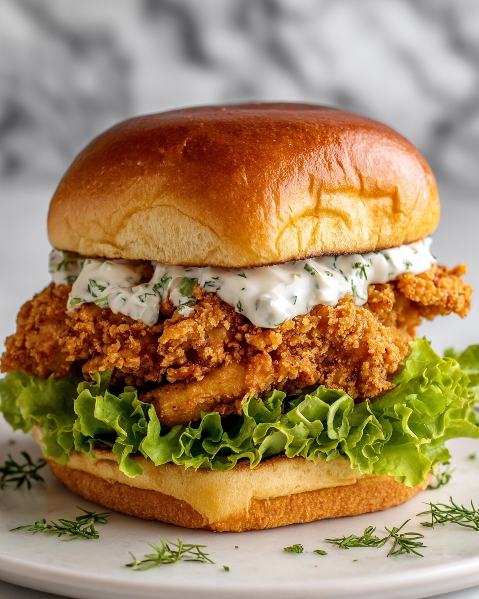 A close-up of a fried chicken sandwich showing three clear layers inside a soft, golden-brown bun. The bottom layer is fresh, green lettuce with a crisp texture. Above it is a thick, crunchy fried chicken patty with a golden, textured crust. On top of the chicken is a layer of white creamy sauce with small green herb bits scattered throughout. The sandwich sits on a white plate placed on a white marbled surface. Photo taken with an iphone --ar 4:5 --v 7