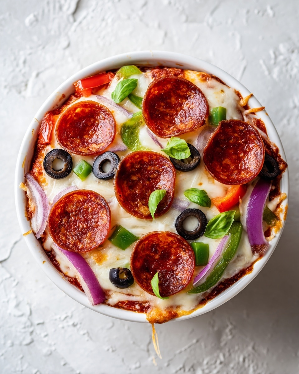 A white bowl holds a four-layer dish starting with a base layer of chunky light brown and red tomato sauce mixed with small white cheese pieces. The second layer is smooth, melted white cheese that covers the sauce completely. The third layer features five glossy, caramelized pepperoni slices spaced evenly on top, along with scattered pieces of bright green chopped bell pepper, diced red bell pepper, thin purple onion strips, and black olive slices. Fresh green basil leaves and sprinkled herbs add color and texture on the top. The bowl sits on a white marbled texture surface. photo taken with an iphone --ar 4:5 --v 7