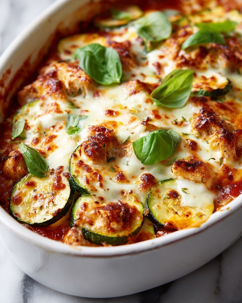The dish shows a close-up view of a baked casserole with several layers. The bottom layer has chunky tomato sauce with a bright red color and some pieces of cooked tomato visible. On top of this, there are slices of cooked zucchini that are light green with some charred dark spots. The middle layer is covered with melted, creamy white cheese that is slightly browned in places, bubbling and stretchy in texture. A few pieces of grilled chicken with a light golden brown color are spread on top of the cheese. Fresh green basil leaves are used as garnish on the dish, adding a bright contrast to the warm colors below. The dish is served on a white plate sitting on a white marbled surface. Photo taken with an iphone --ar 4:5 --v 7