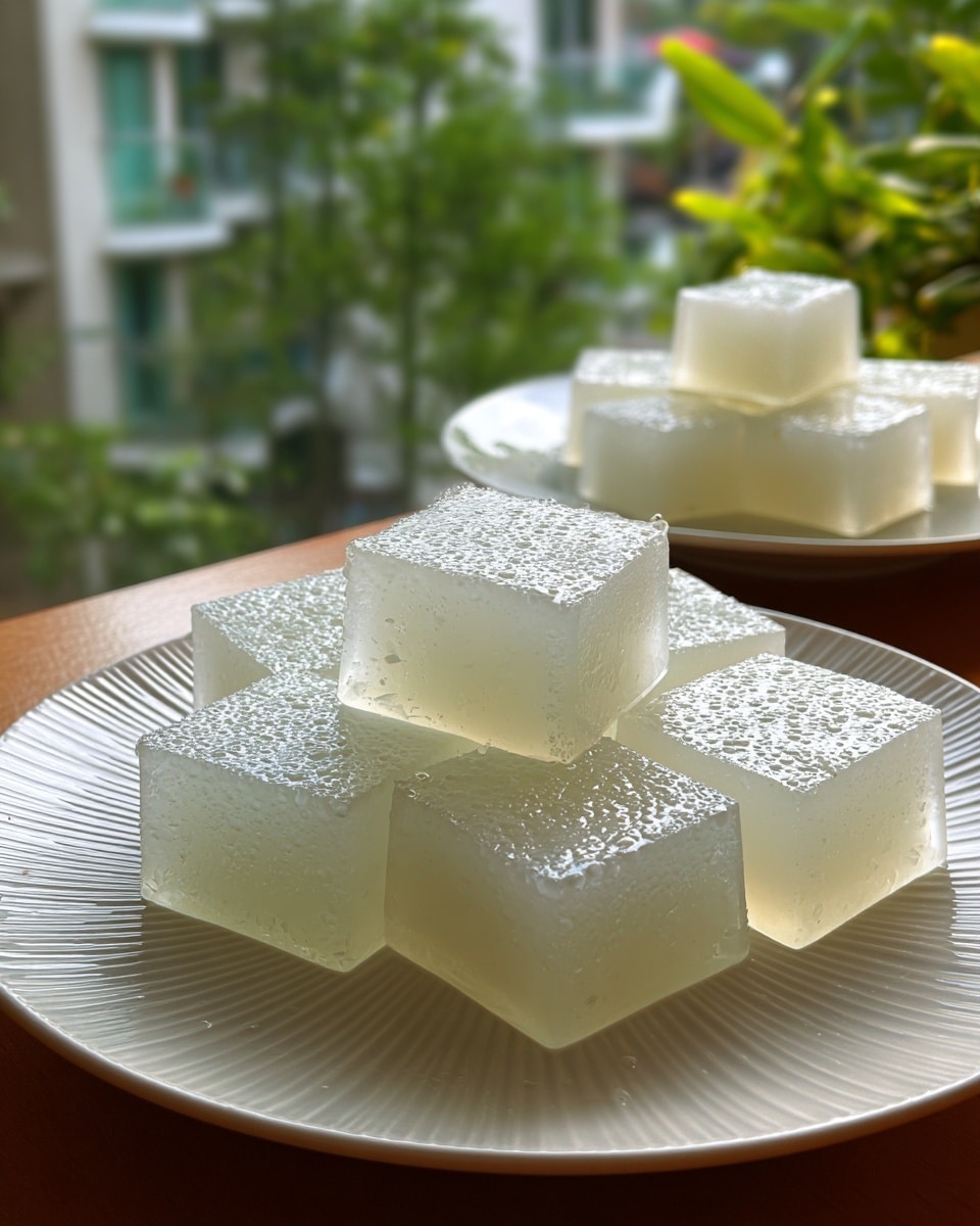 The image shows a white plate holding sixteen small, square jelly-like pieces arranged closely together. Each piece is translucent white with a smooth, wet texture and looks soft and slightly shiny with tiny bubbles visible inside. The jelly cubes have clean cut edges and straight sides, sitting in a small pool of clear liquid on the plate. The background is softly blurred with green and brown tones, while the plate rests on a white marbled surface. photo taken with an iphone --ar 4:5 --v 7