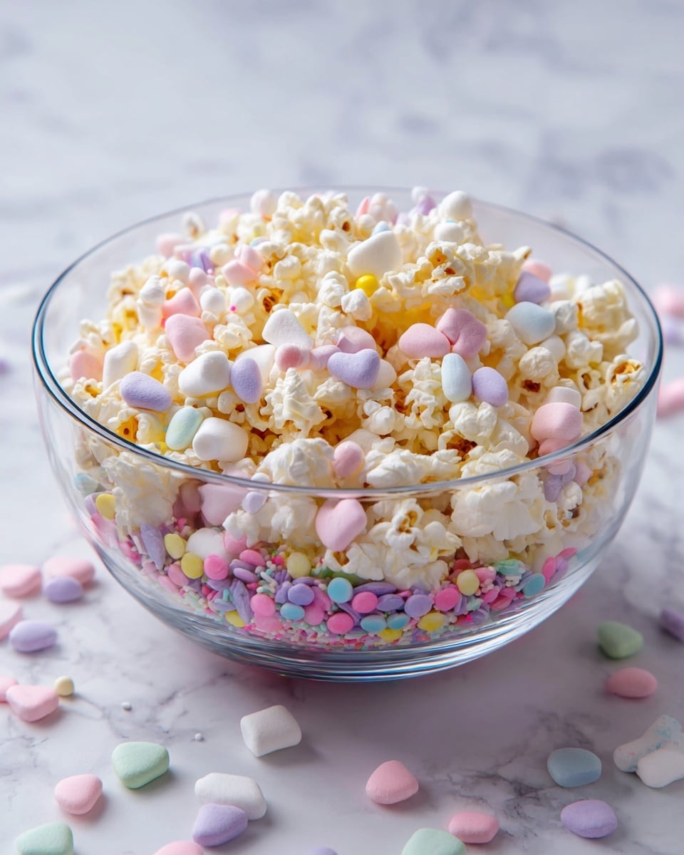 A clear glass bowl filled with three visible layers sits on a white marbled surface. The bottom layer consists of colorful cylindrical sprinkles in shades of yellow, pink, green, blue, and white. The middle layer is a mix of white popcorn with a light, fluffy texture and pastel mini marshmallows in pink, blue, and white, scattered evenly over the popcorn. The popcorn and marshmallows fill the bowl to the top with a soft, airy pile. Photo taken with an iphone --ar 4:5 --v 7