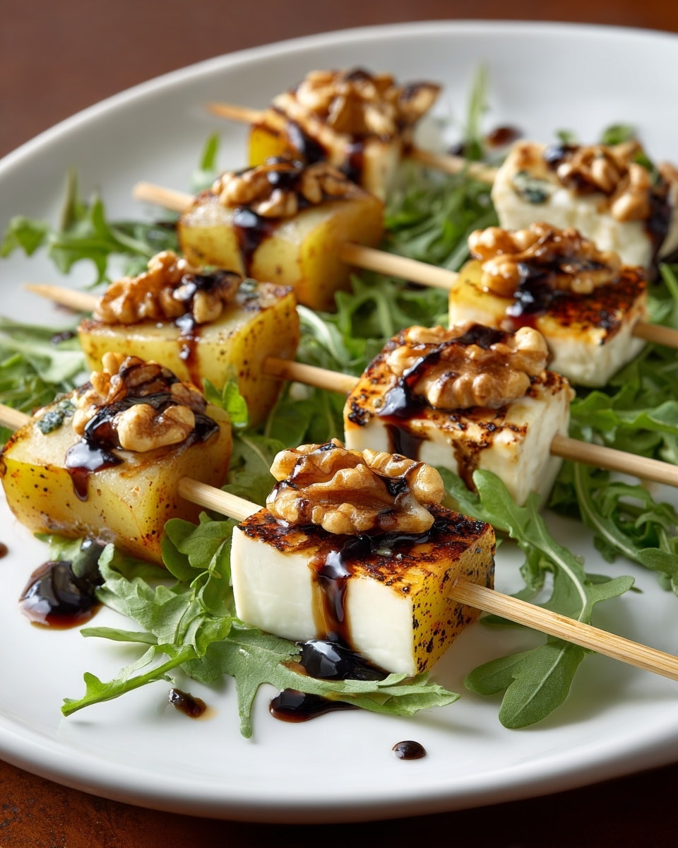 The dish shows three skewers arranged on a bed of fresh, dark green arugula leaves on a white rectangular plate with a white marbled surface underneath. Each skewer has three layers: at the bottom, a half slice of yellow pear with speckled skin, middle layer of creamy white cheese cubes with small holes, and on top, scattered pieces of brown walnut halves. The whole skewer is drizzled with thick, dark balsamic glaze lines running over the pear, cheese, and walnuts, creating a glossy and rich look. A woman's hand is gently holding one end of a skewer, focusing on the closest one with a shallow depth of field, making the background skewers softly blurred but still visible. The lighting is natural, highlighting the textures and freshness of each ingredient clearly. photo taken with an iphone --ar 4:5 --v 7