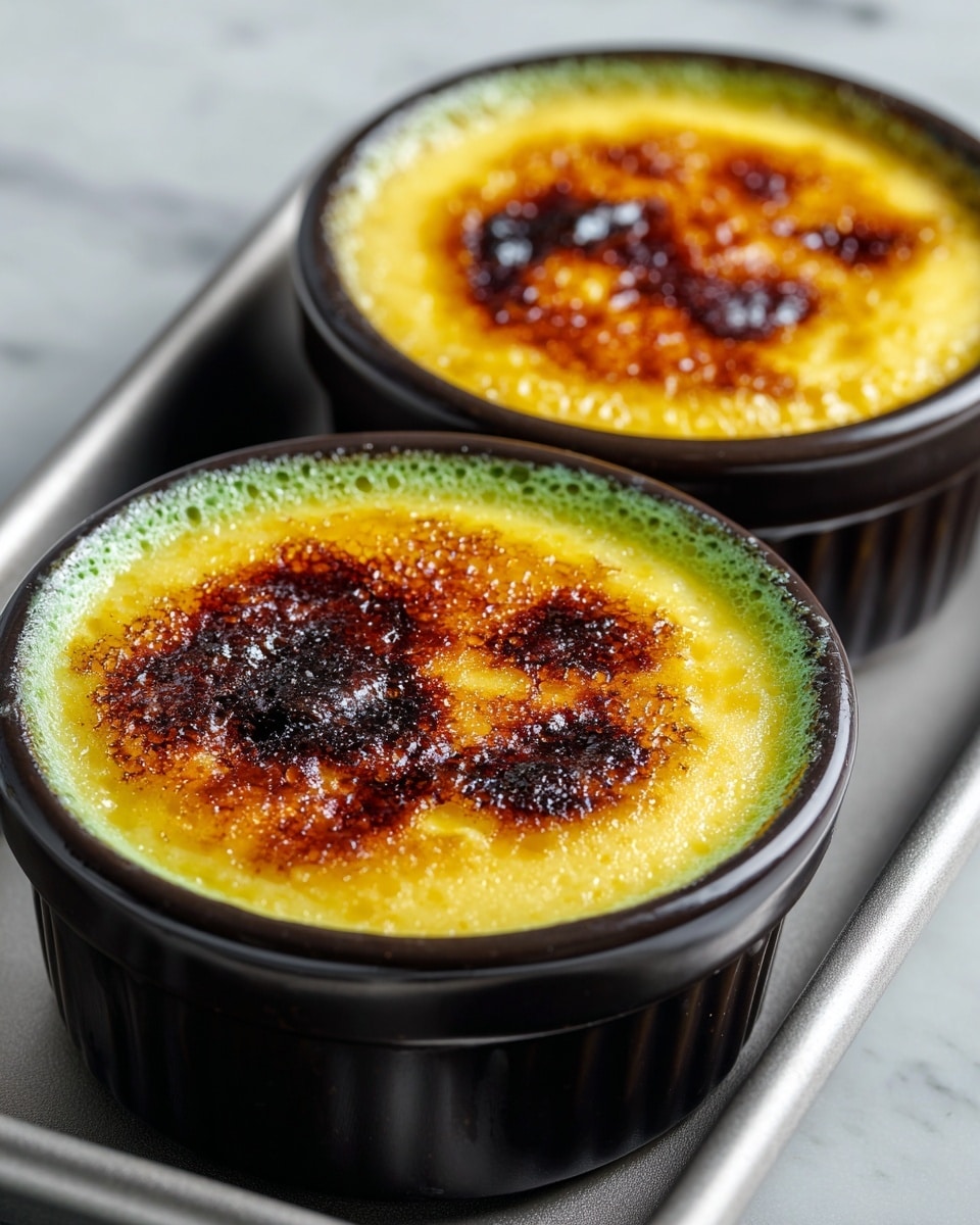 The image shows two round white bowls filled with a two-layered dessert. The bottom layer is green with a smooth, slightly frothy texture, and the top layer is a golden-brown caramelized crust with small dark specks indicating light charring. The dessert has a glossy, shiny surface on top, reflecting light, and the bowls are placed on a light-colored wooden tray over a white marbled surface. Photo taken with an iphone --ar 4:5 --v 7