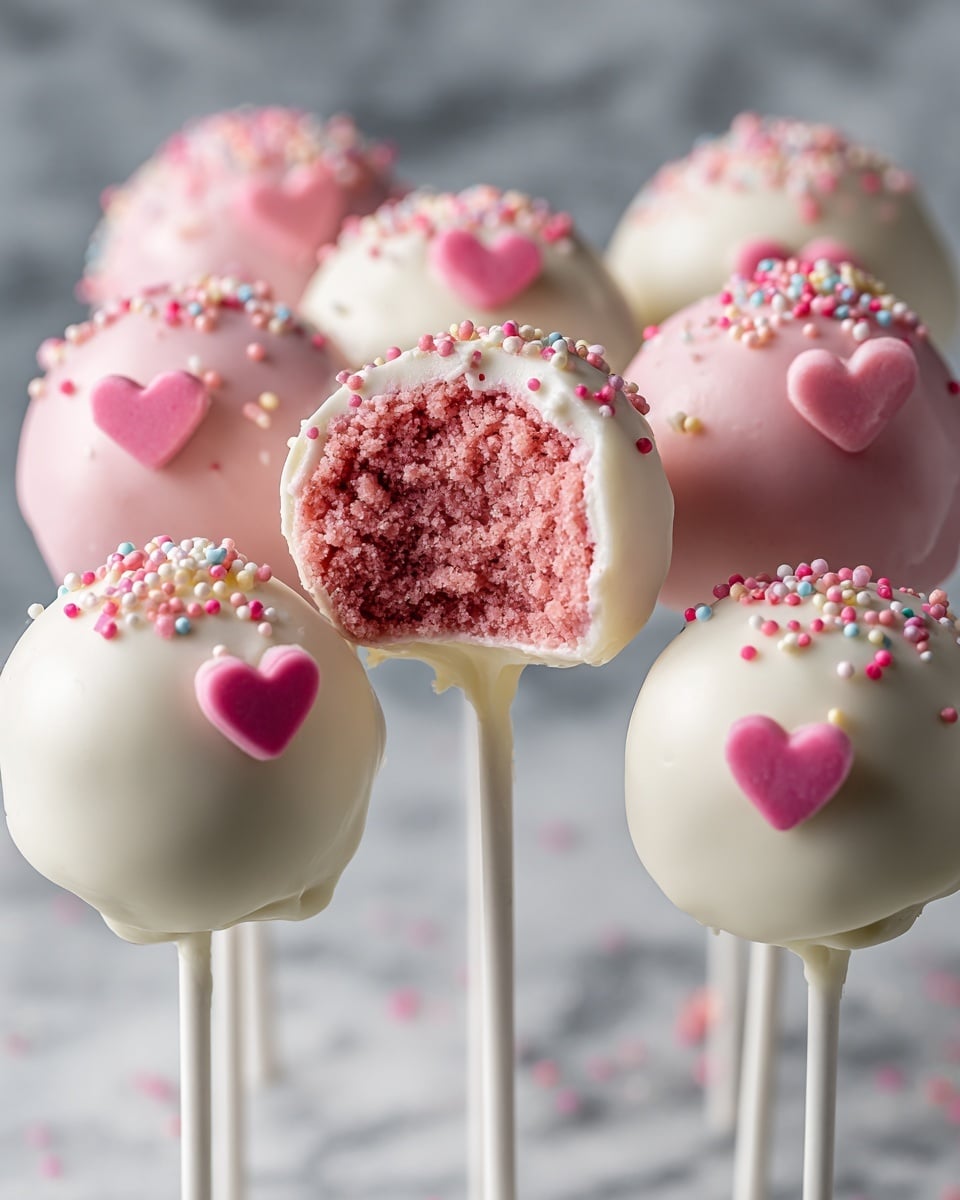 The image shows several cake pops held on white sticks, each with two main layers. The bottom layer is a textured pink cake ball with a soft crumb, visible in the bitten cake pop at the center. The top layer is a smooth white coating, covering the whole cake ball and decorated with colorful small round sprinkles mostly in red, blue, white, and yellow. Some cake pops also feature pink heart-shaped decorations on top of the white coating. All cake pops are standing upright on white sticks against a blurred background and a white marbled surface below. photo taken with an iphone --ar 4:5 --v 7