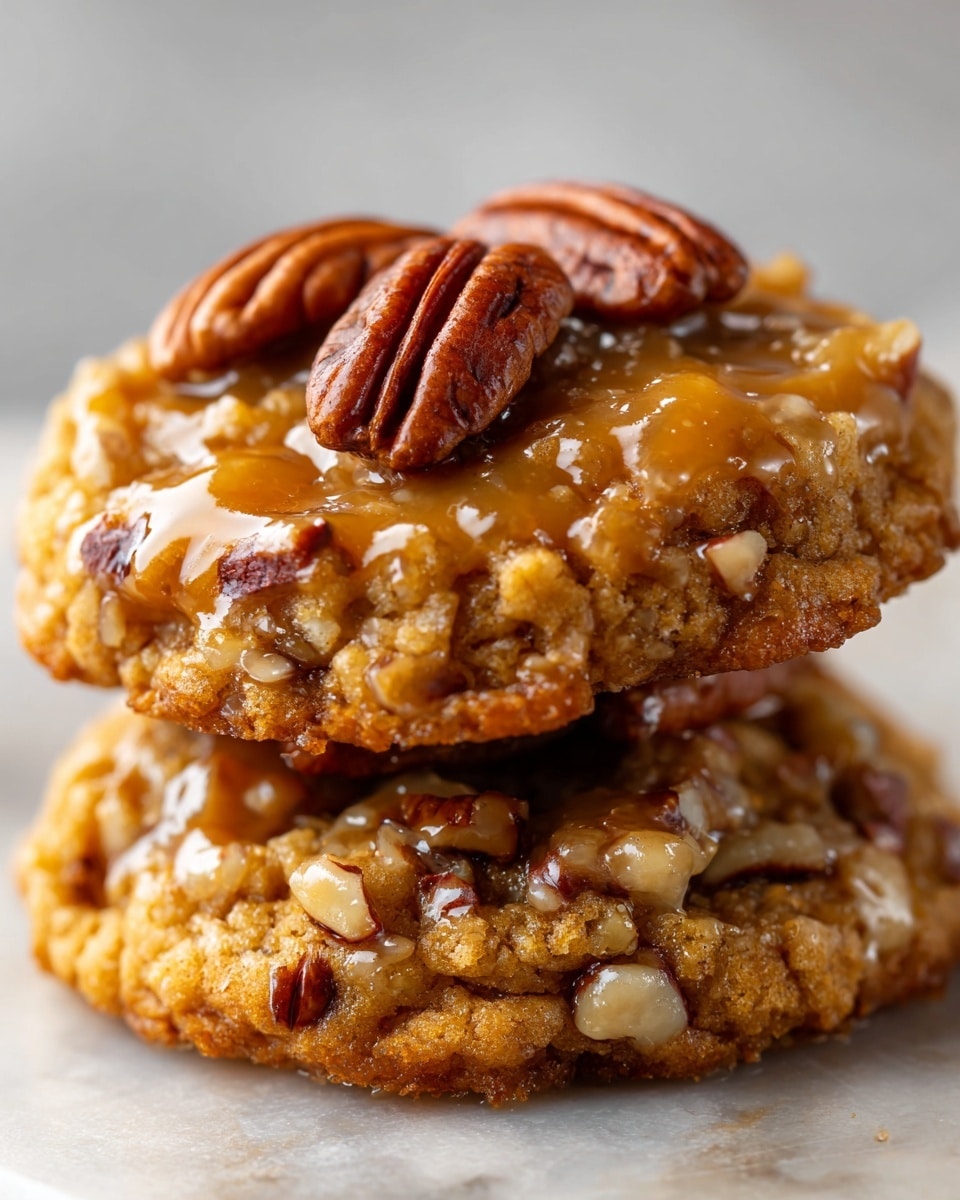 The image shows a close-up of two stacked cookies on a white marbled surface, each cookie having two main layers. The bottom layer is a textured golden brown cookie base with visible oats and small nut pieces, giving it a rough and crunchy look. The top layer is a glossy, light brown caramel layer that covers the cookie surface unevenly, dripping slightly on the edges. Sitting on top of the caramel are two whole pecan halves, deep brown and smooth, adding contrast and texture on the surface. The cookies appear moist and rich with a slightly chewy texture. Photo taken with an iphone --ar 4:5 --v 7