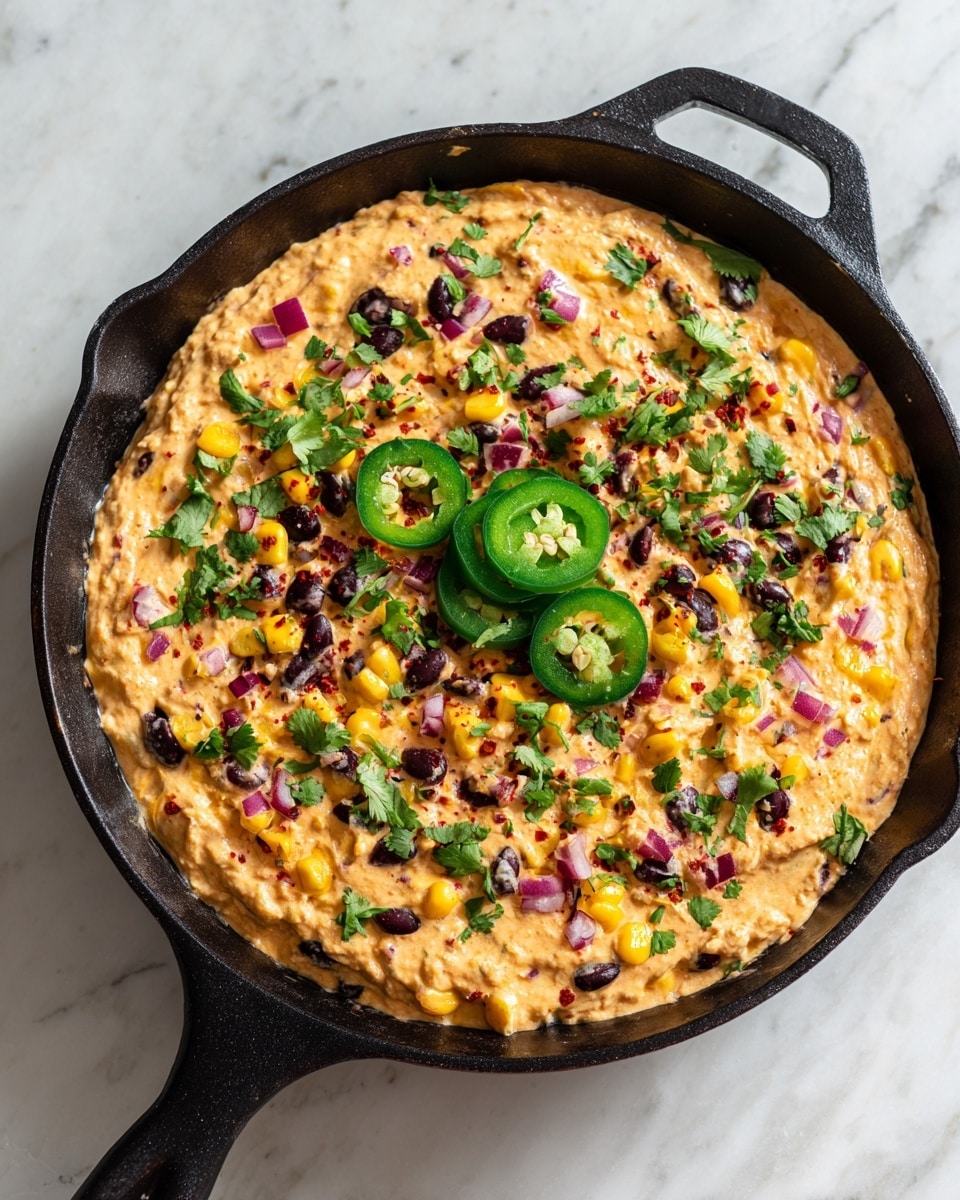 A creamy dip with a smooth, light orange base fills a black cast iron skillet. Mixed into the base are small, colorful bits of red onion, tomatoes, and melted cheese. On top, there are scattered layers of bright yellow corn kernels, shiny black beans, and fresh green cilantro leaves. Three slices of fresh green jalapeño peppers rest prominently near the center and bottom left of the skillet, adding a pop of color. The skillet is set against a white marbled surface with a white cloth visible on the side. photo taken with an iphone --ar 4:5 --v 7