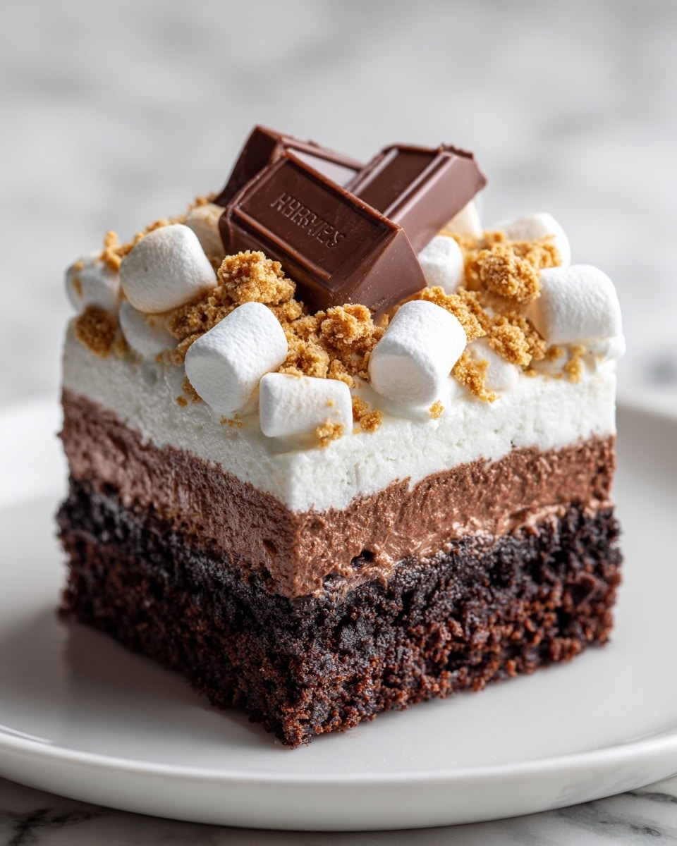 A square piece of chocolate cake with two visible layers sits on a white plate on a white marbled surface. The bottom layer is a dark, moist chocolate cake with a rough, crumbly texture. The top layer is a smooth, light cream-colored frosting spread evenly over the cake, topped with small white marshmallows and golden crushed cookie bits scattered across. A single piece of Hershey’s chocolate rests on top, slightly tilted. Photo taken with an iphone --ar 4:5 --v 7
