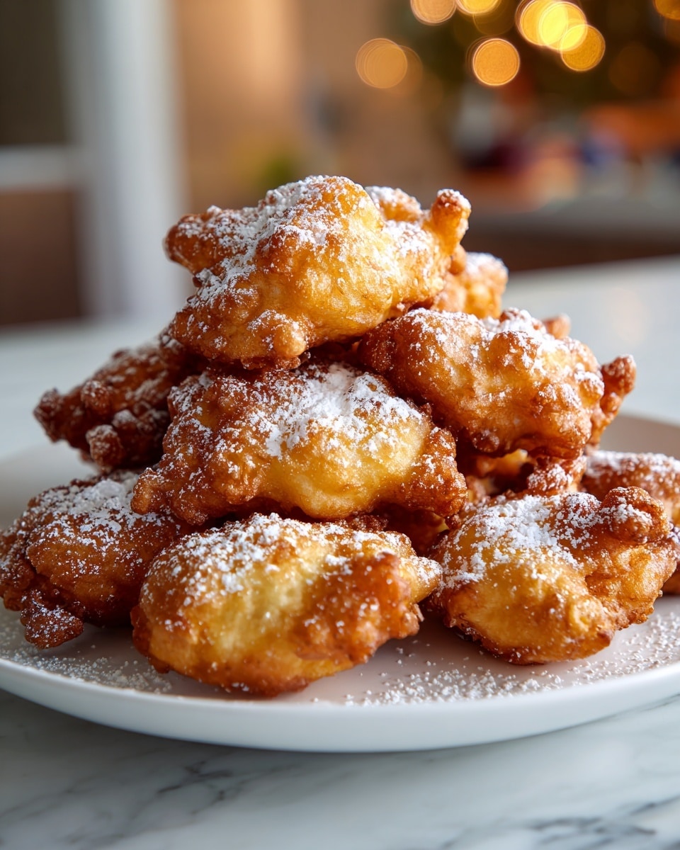 A pile of golden-brown fritters with an irregular shape sits stacked on a simple white round plate. Each fritter has a crispy, rough texture with some darker browned spots, and they are dusted lightly with white powdered sugar that contrasts with their warm color. The plate rests on a white marbled surface, and in the blurred background, there is a hint of yellow-green fruit adding a soft touch of color. The lighting is warm, making the fritters look fresh and appetizing. Photo taken with an iphone --ar 4:5 --v 7