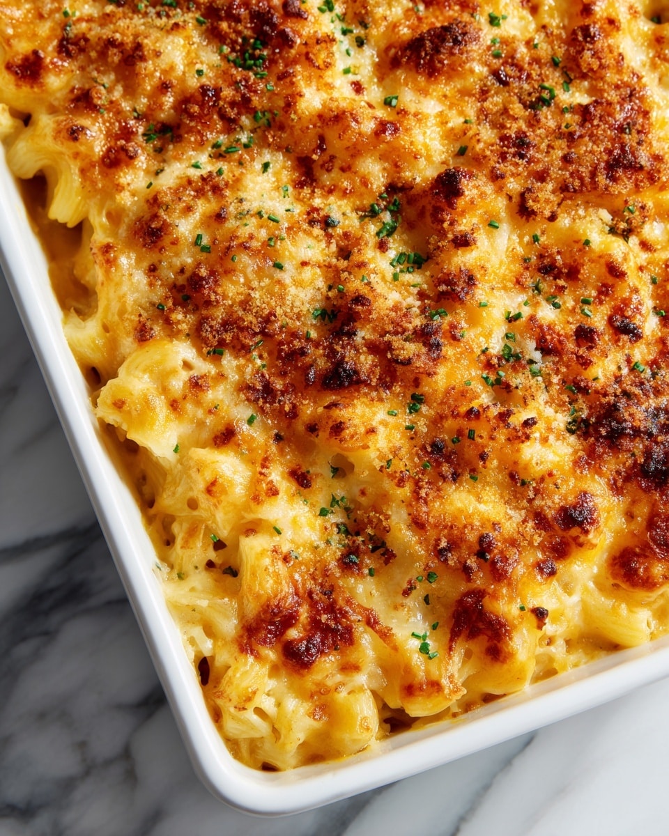 A white rectangular casserole dish filled with baked macaroni and cheese. The top layer is golden brown and crispy with small browned spots. Bright green chopped herbs are sprinkled on top, adding a fresh color. Just under the golden crust, you can see gooey, melted yellow cheese that coats creamy pasta. The dish is sitting on a white marbled surface. Photo taken with an iphone --ar 4:5 --v 7
