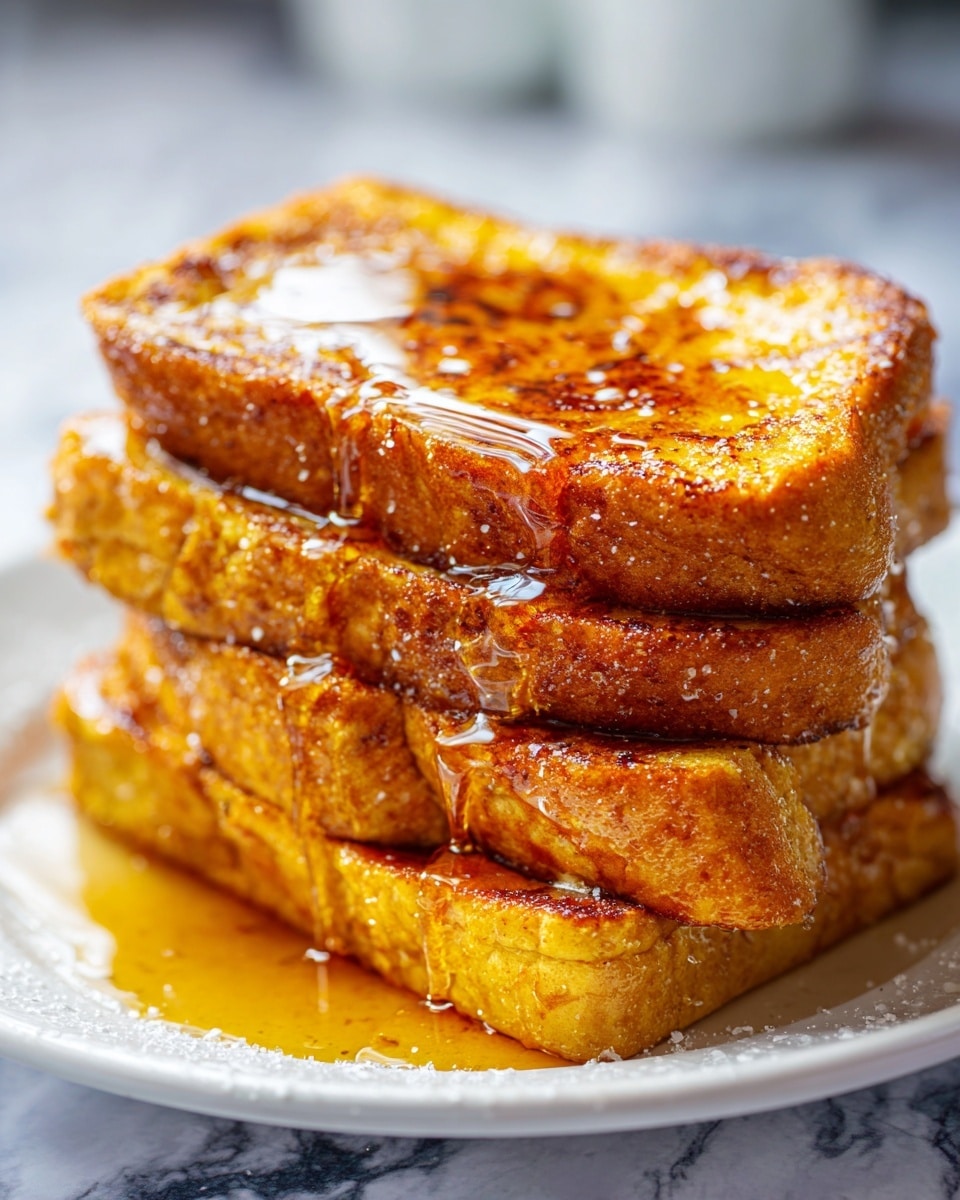A stack of four thick slices of golden brown French toast sits on a white plate, each slice showing a slightly crisp texture with soft, fluffy insides visible at the edges. The top layer is shiny with amber syrup dripping down the sides and pooling at the base, giving the toast a glossy, sweet look. The layers have a warm, caramelized color with some darker toasted spots, showing a rich and inviting breakfast. The white plate contrasts with the golden tones of the toast, all placed on a white marbled surface. Photo taken with an iphone --ar 4:5 --v 7