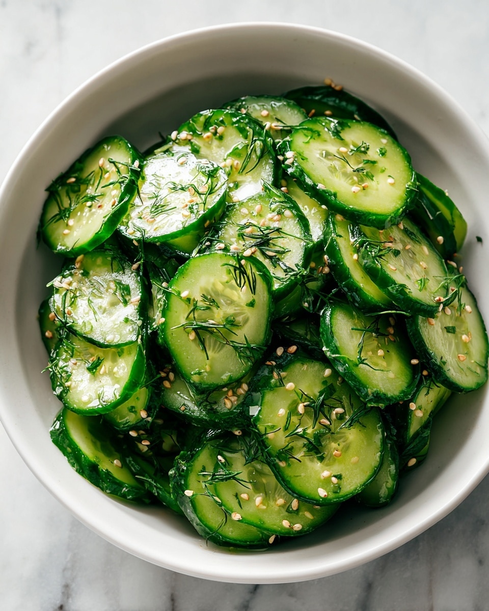 A white bowl filled with thinly sliced cucumber rounds layered unevenly, showing a fresh green color with a glossy texture from dressing. The cucumber slices have small sesame seeds scattered across them along with finely chopped green herbs, adding texture and color contrast on top. The bowl sits on a white marbled surface. photo taken with an iphone --ar 4:5 --v 7
