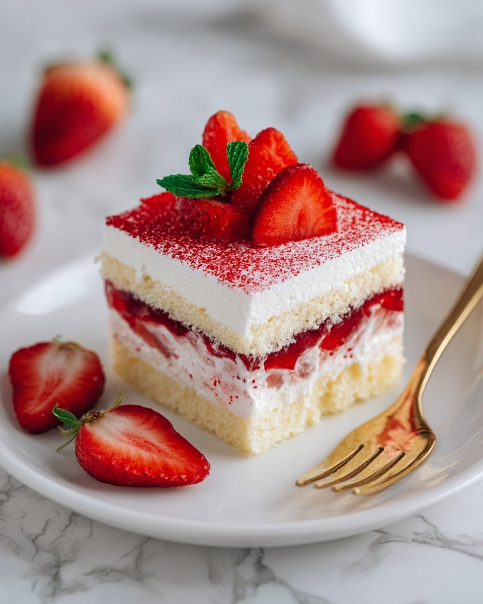 A square piece of dessert with three visible layers sits on a white plate with scattered red powder. The bottom layer is a soft, light yellow sponge cake soaked slightly, topped with a thick white cream layer mixed with whole small strawberries and strawberry jam. Above it, there is another sponge cake layer partially soaked, then a thick white cream layer, and the top is dusted with fine red powder, decorated with sliced strawberries and a small green mint leaf. On the right side of the plate, a gold fork rests on the white marbled surface. In the background, blurred strawberries are visible. Photo taken with an iphone --ar 4:5 --v 7