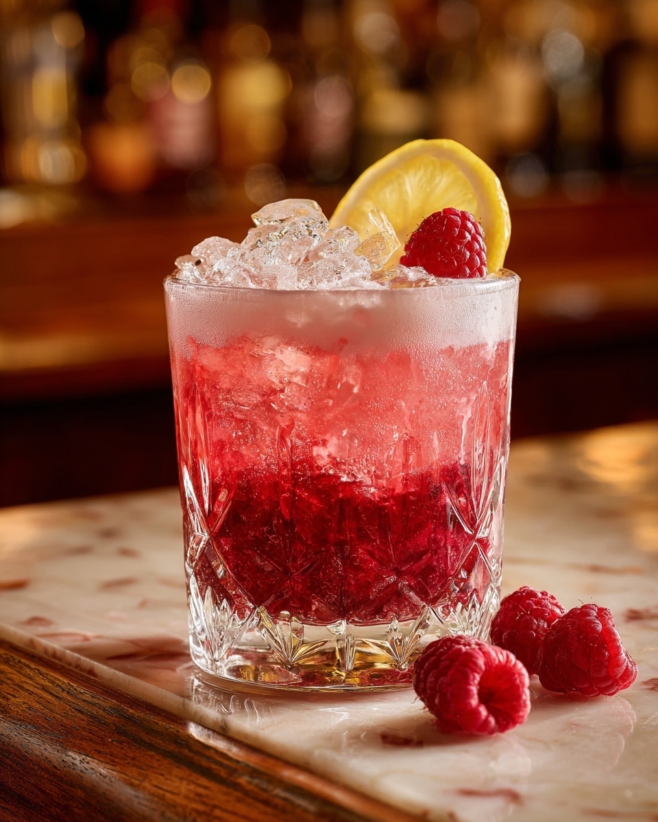 A clear glass with a textured diamond pattern holds a layered pink drink with crushed ice. The bottom layer is a deeper red color, fading into a lighter pink layer above. Inside the drink, bubbles rise, and a raspberry and a lemon slice rest on top among the ice. Three fresh raspberries sit on a wooden surface next to the glass. The scene has a soft, blurred background and the drink is centered in the frame on a white marbled texture. Photo taken with an iphone --ar 4:5 --v 7