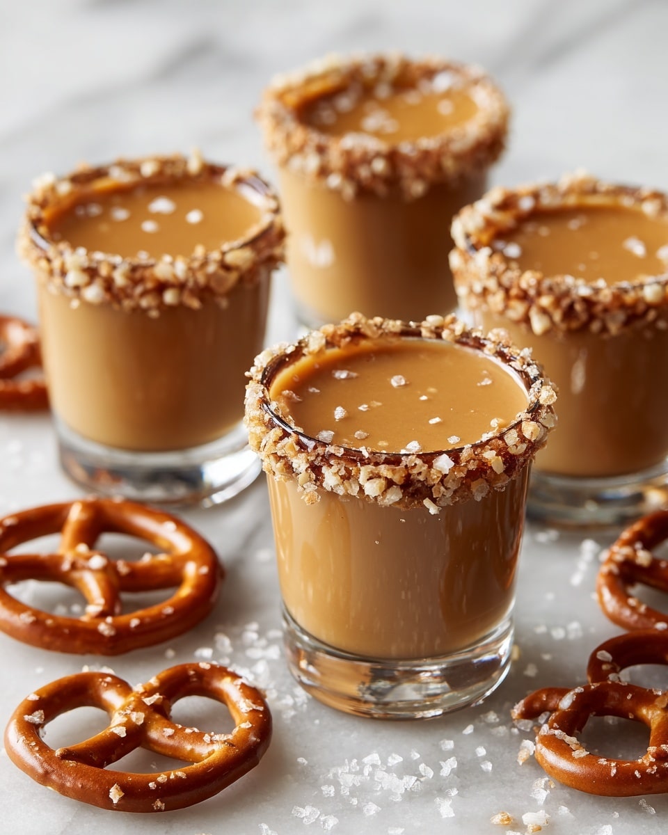The image shows three clear glass shot glasses filled with a smooth caramel-colored drink. Each glass has a rim coated with crushed pretzel pieces and salt. They are placed on a white marbled surface scattered with small pretzel pieces and salt crystals. In the foreground, a twisted pretzel lies flat next to the closest shot glass. The look is warm and inviting, with the caramel drink contrasting well against the white marbled surface and crunchy pretzel topping. photo taken with an iphone --ar 4:5 --v 7